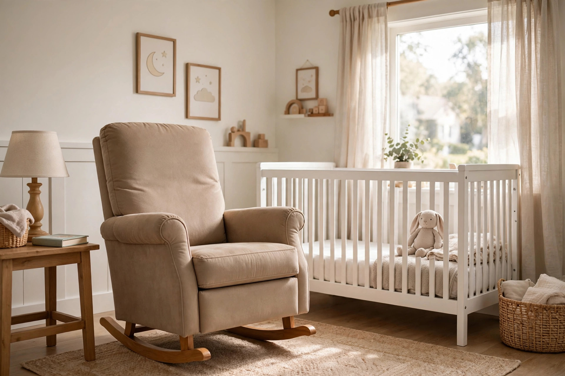 A nursery rocking chair upholstered for comfort in a bright American nursery