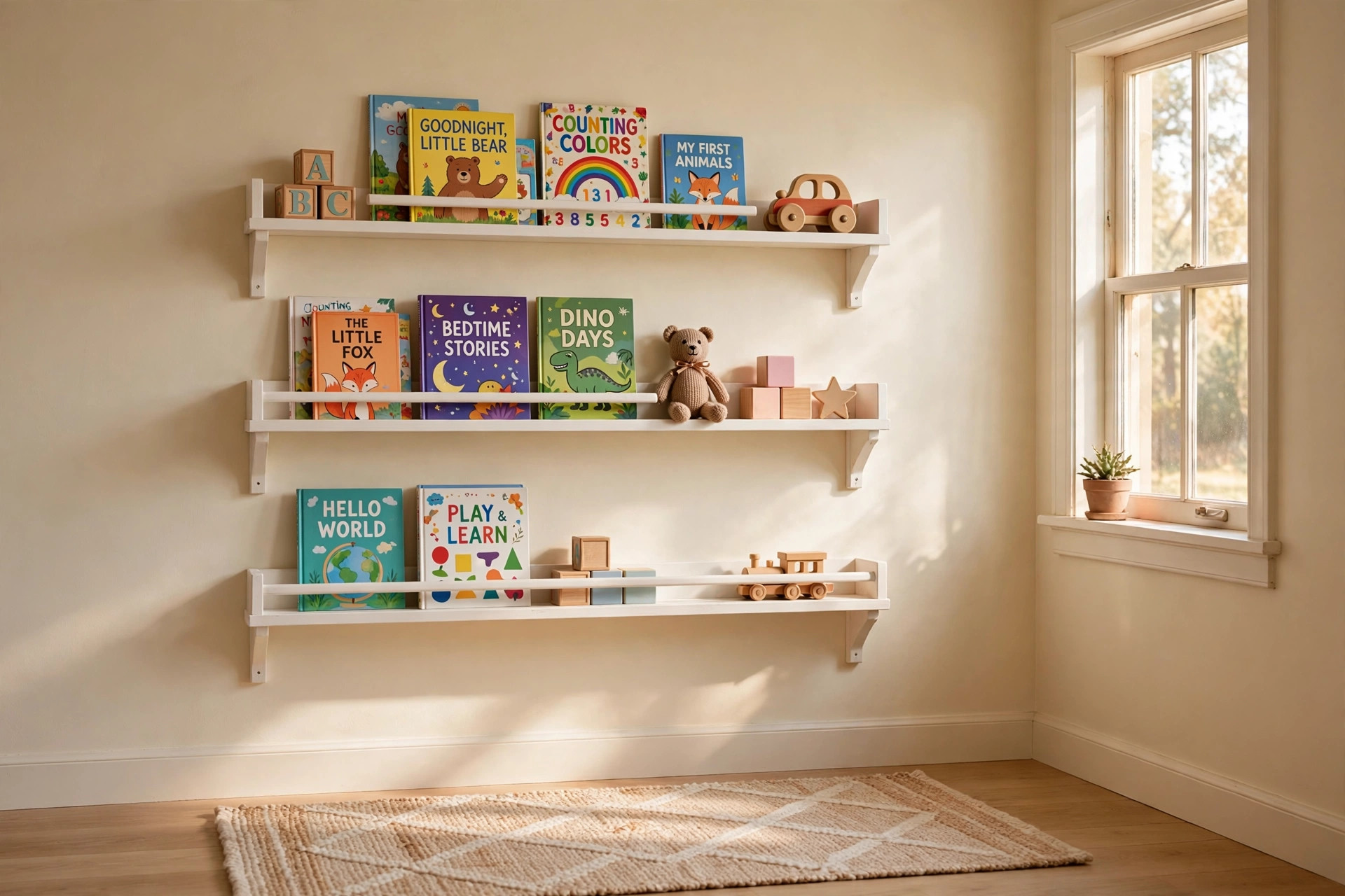 Kids wall shelves for books and toys display mounted on a child bedroom wall