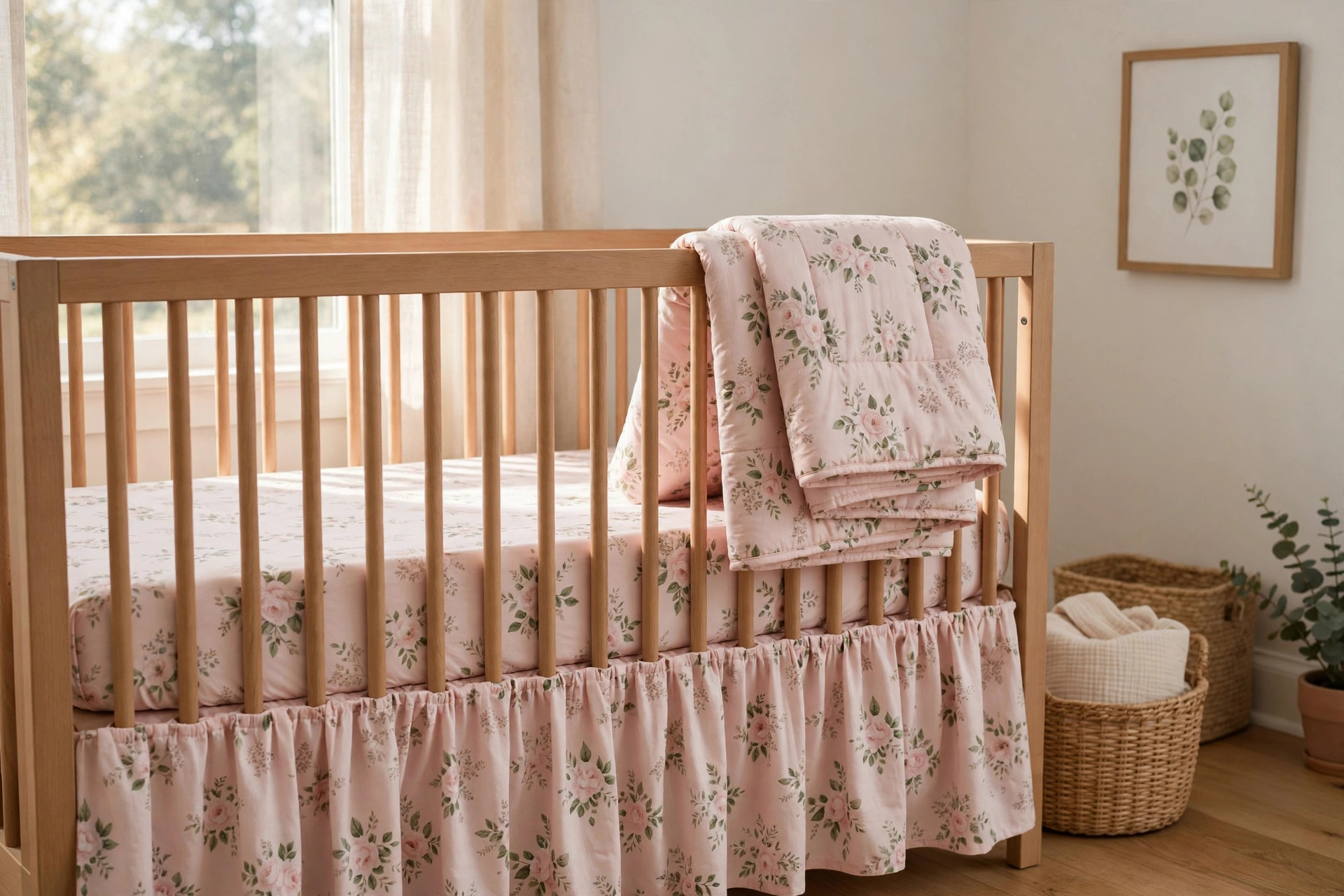 best nursery bedding set for baby girl in a soft pink nursery crib