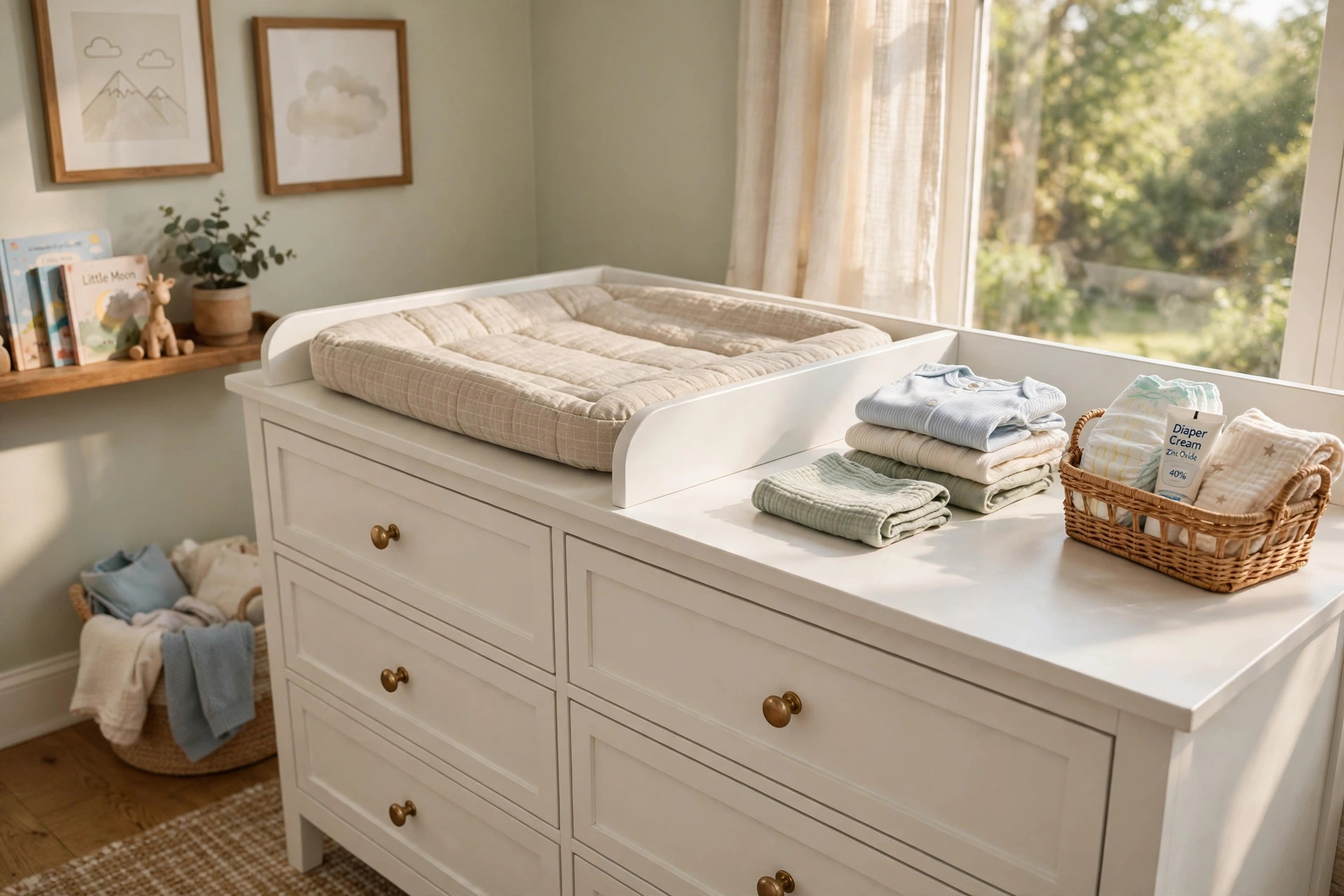 White kids dresser with changing top for nursery holding folded baby clothes