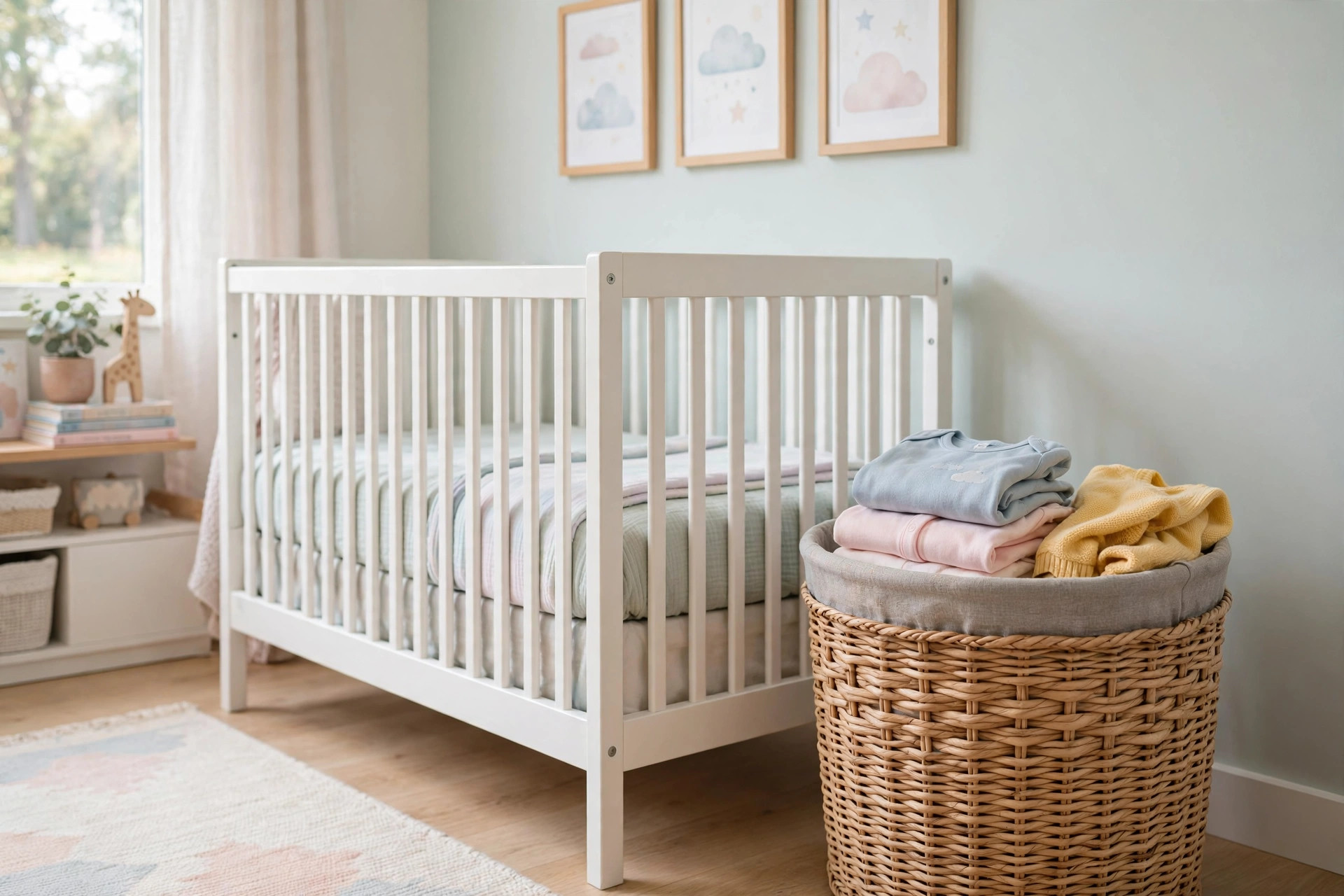 A nursery hamper for dirty baby clothes beside a crib