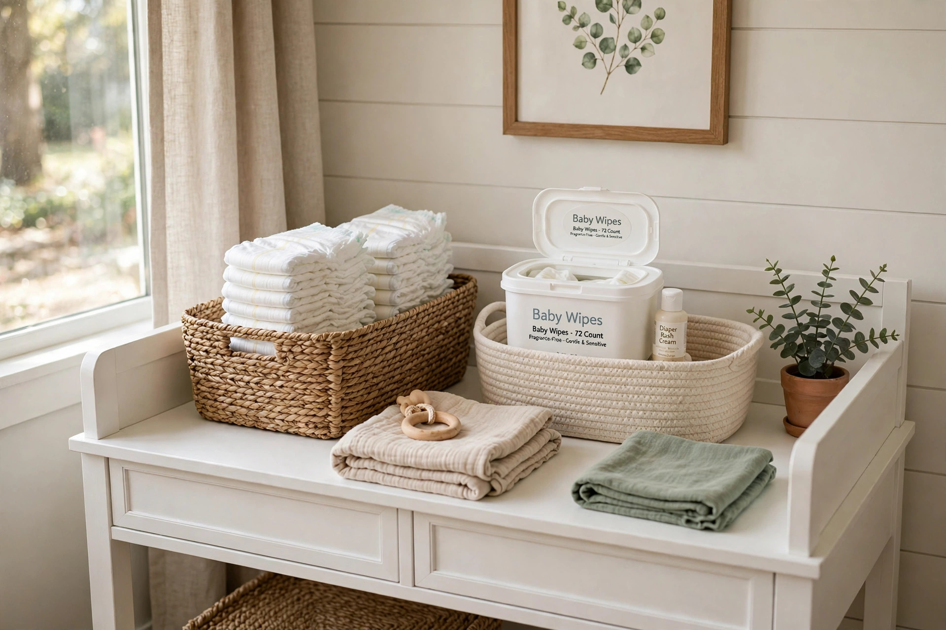 nursery storage baskets for diapers and wipes: Woven nursery storage baskets holding diapers and wipes on a changing table