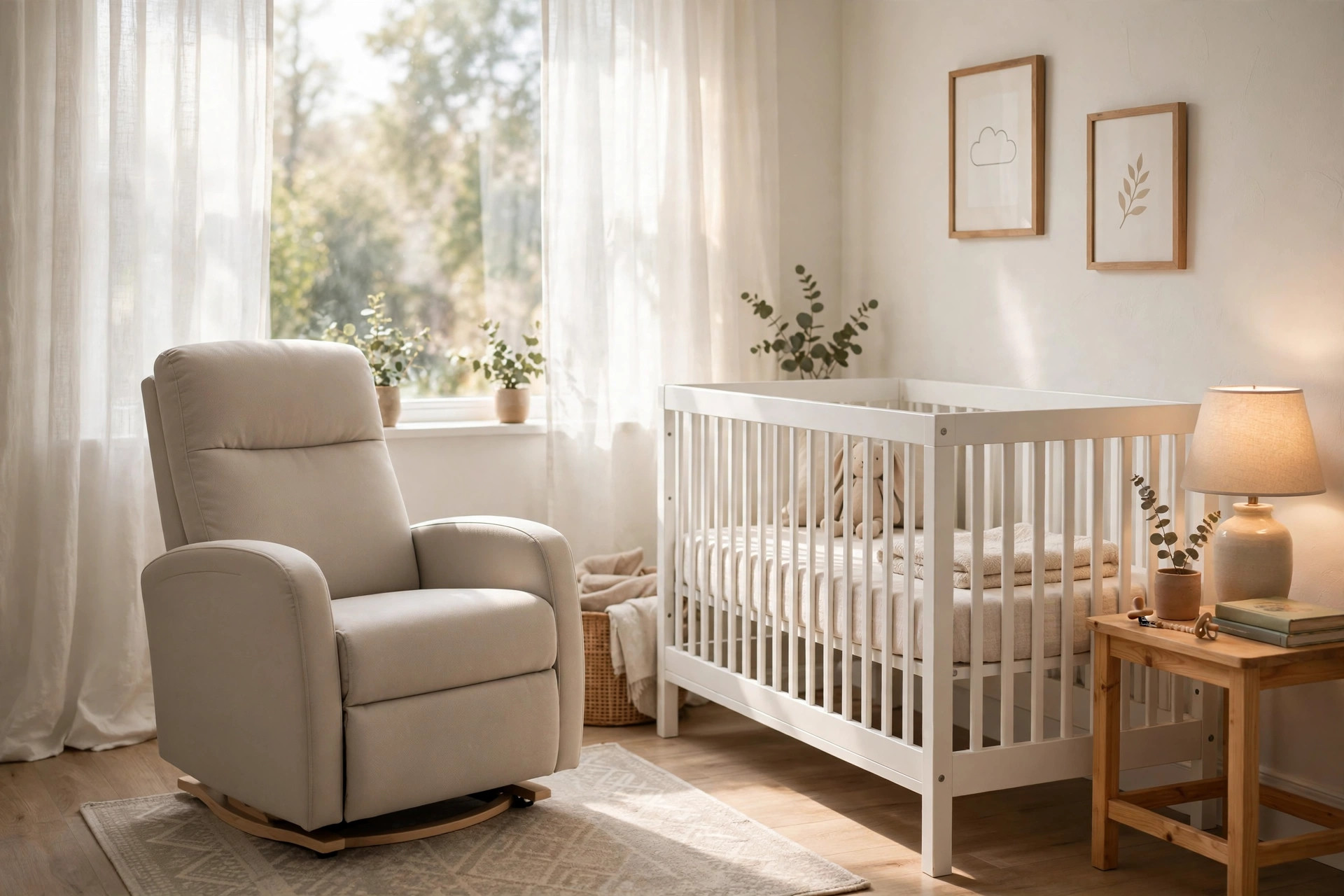 Nursery glider recliner for small apartment in a small, light-filled nursery