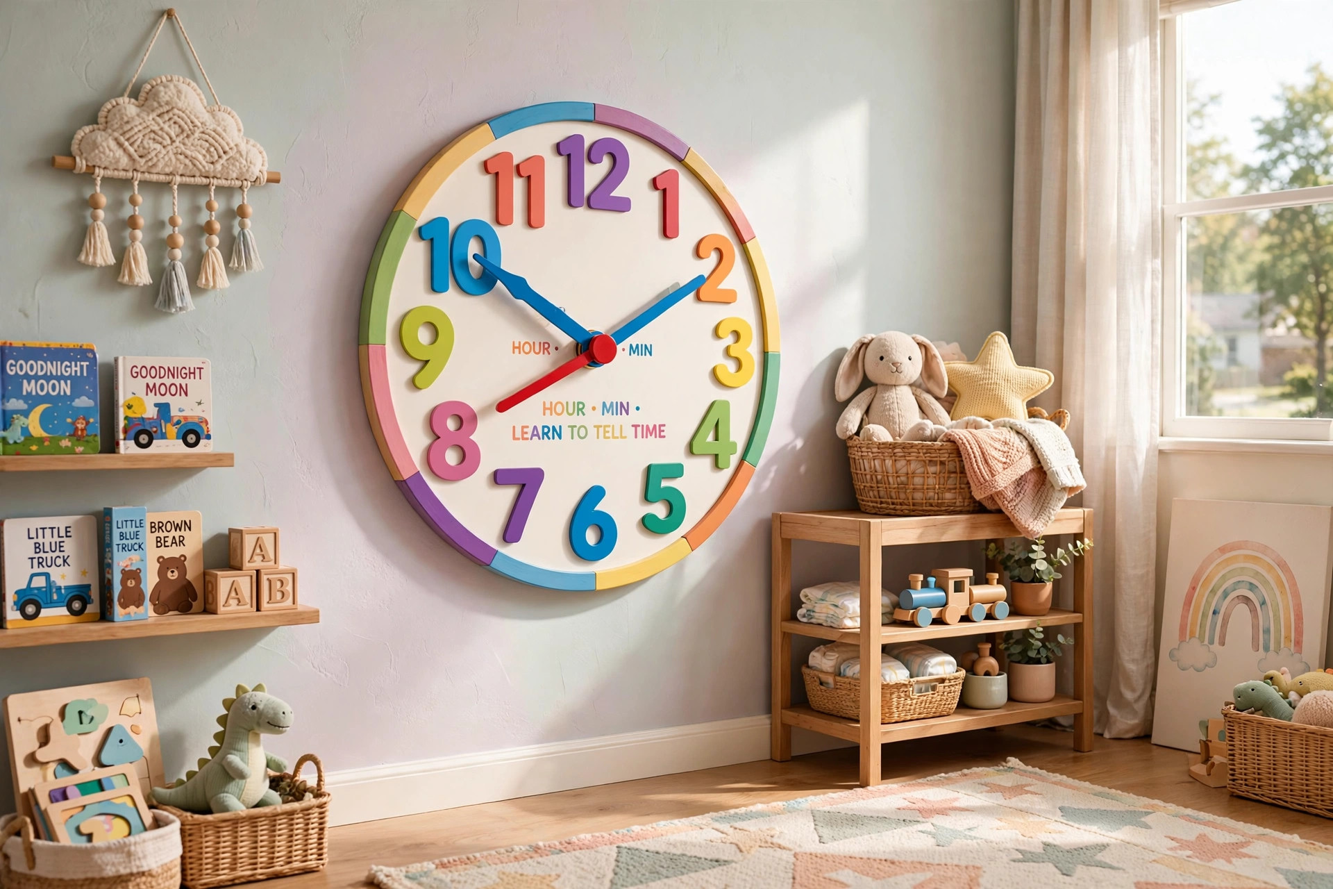 A colorful kids wall clock for learning time decor on a nursery wall