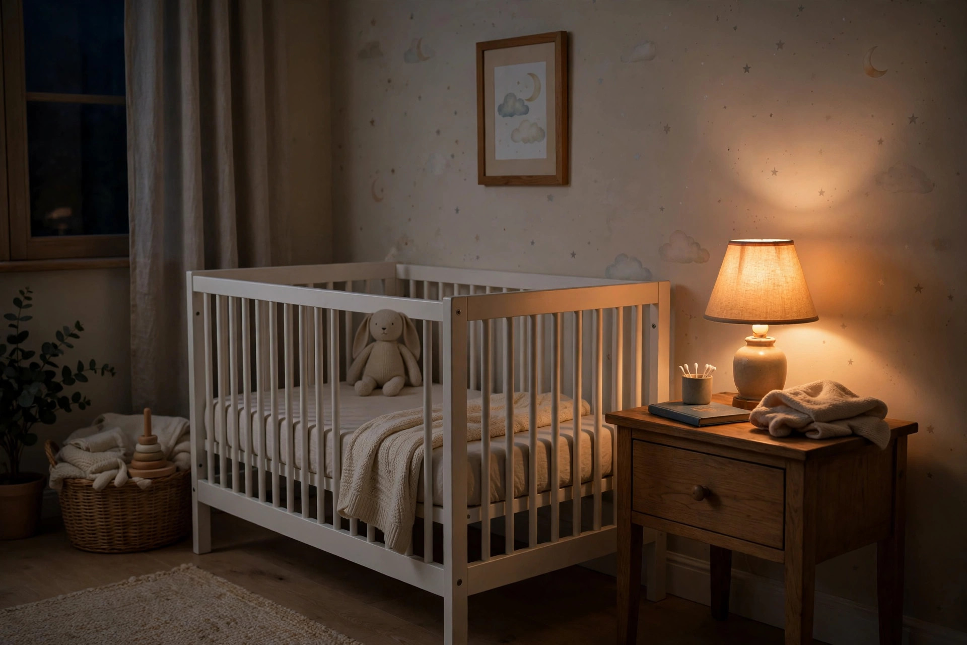 Nursery lamp with soft warm light for night glowing beside a crib