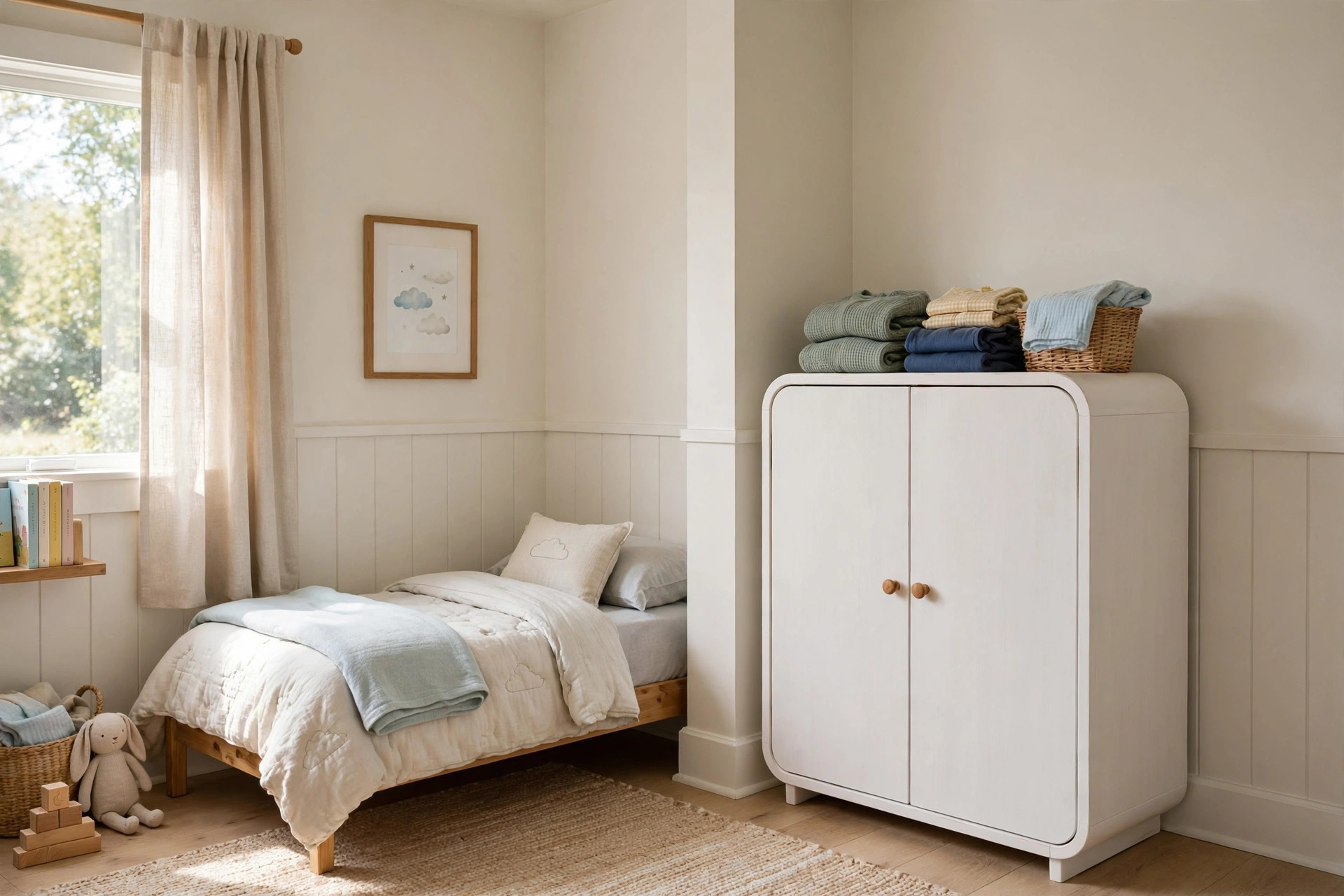 Toddler wardrobe armoire for small bedroom with closed doors and neatly folded clothes on top