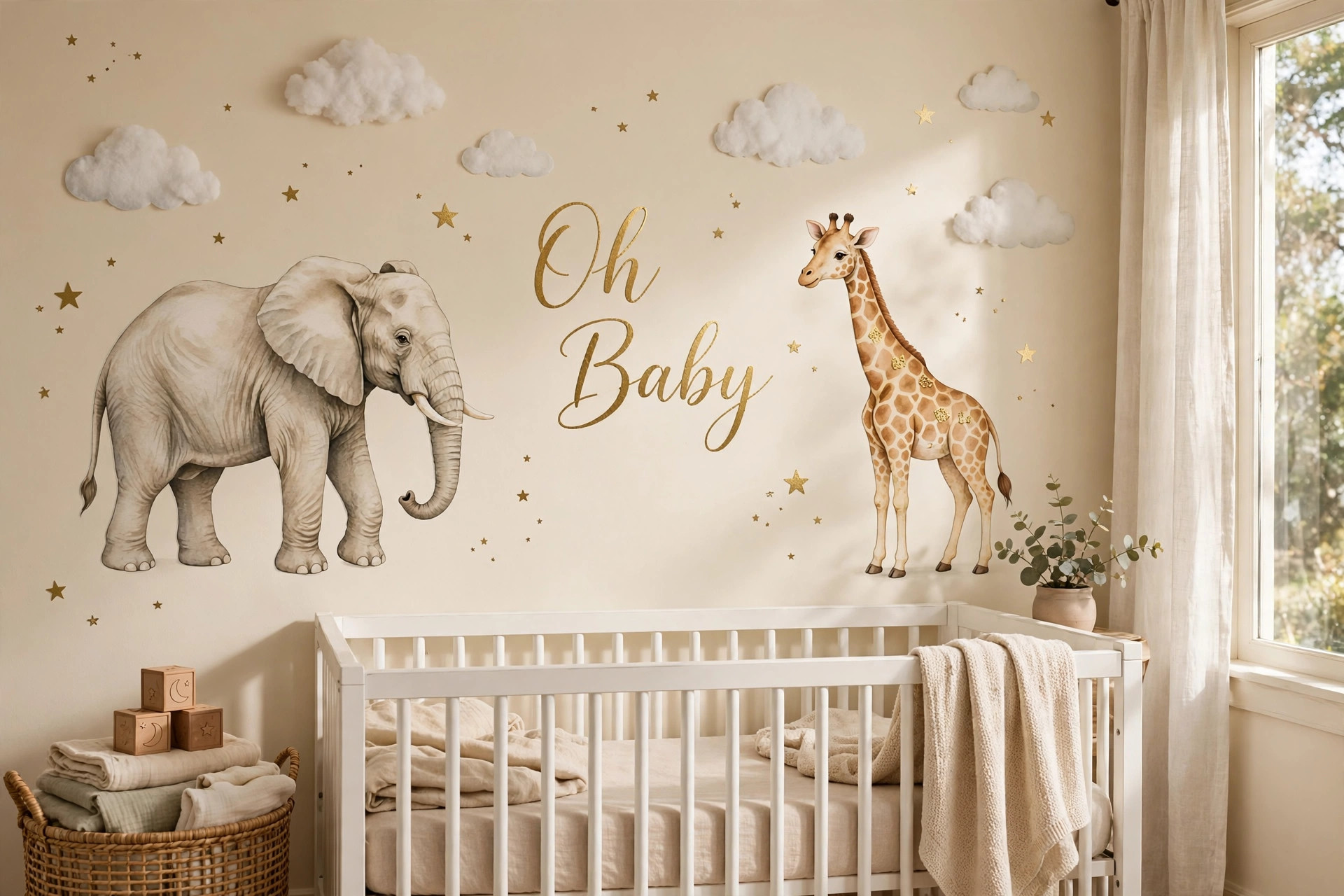 Nursery theme wall decals for baby shower on a soft nursery wall