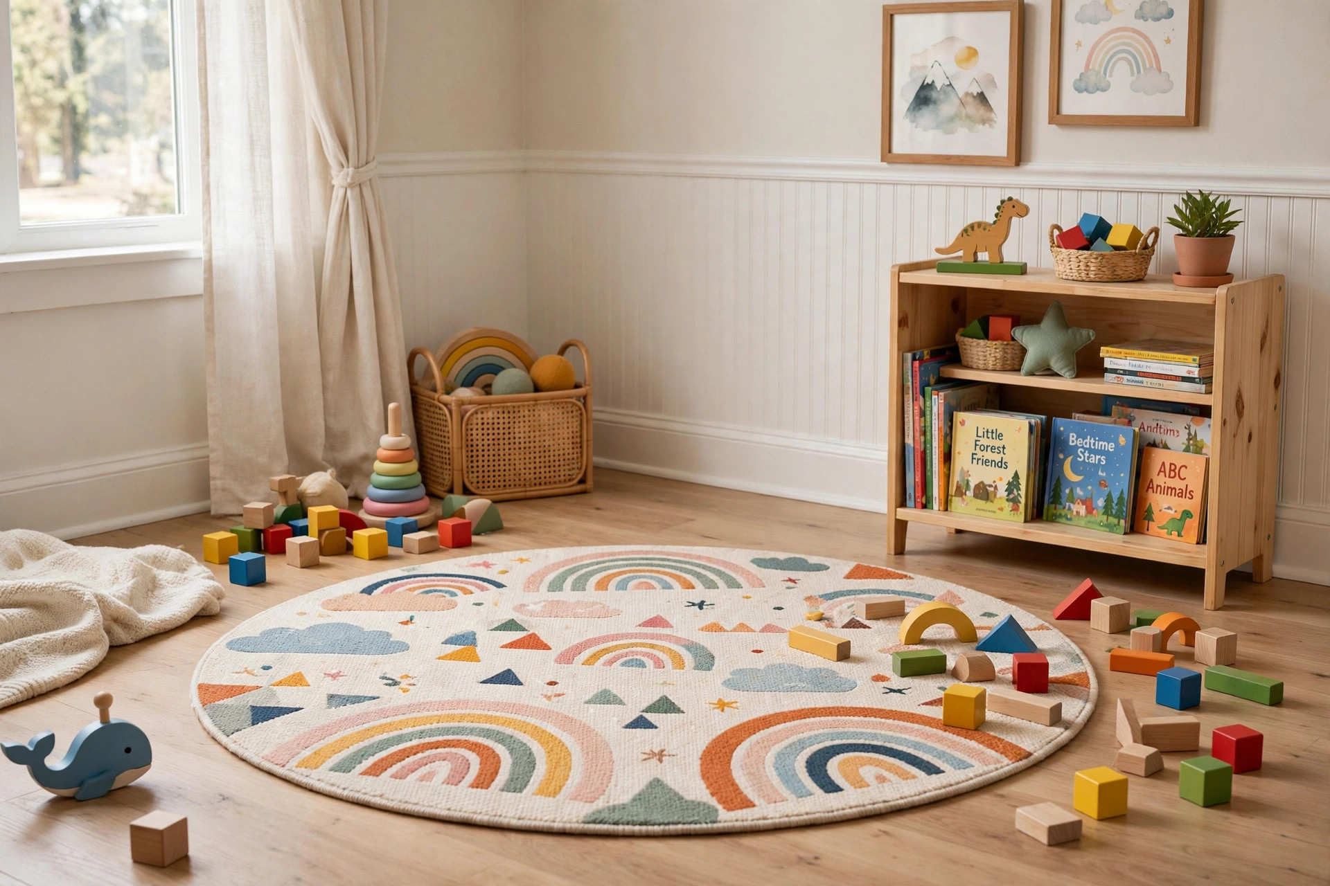 Round rug in a bright kids play area with the kids room rug round for play area centered on the floor