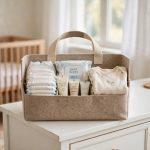 nursery diaper caddy organizer portable: Portable nursery diaper caddy organizer with diapers and supplies in a nursery