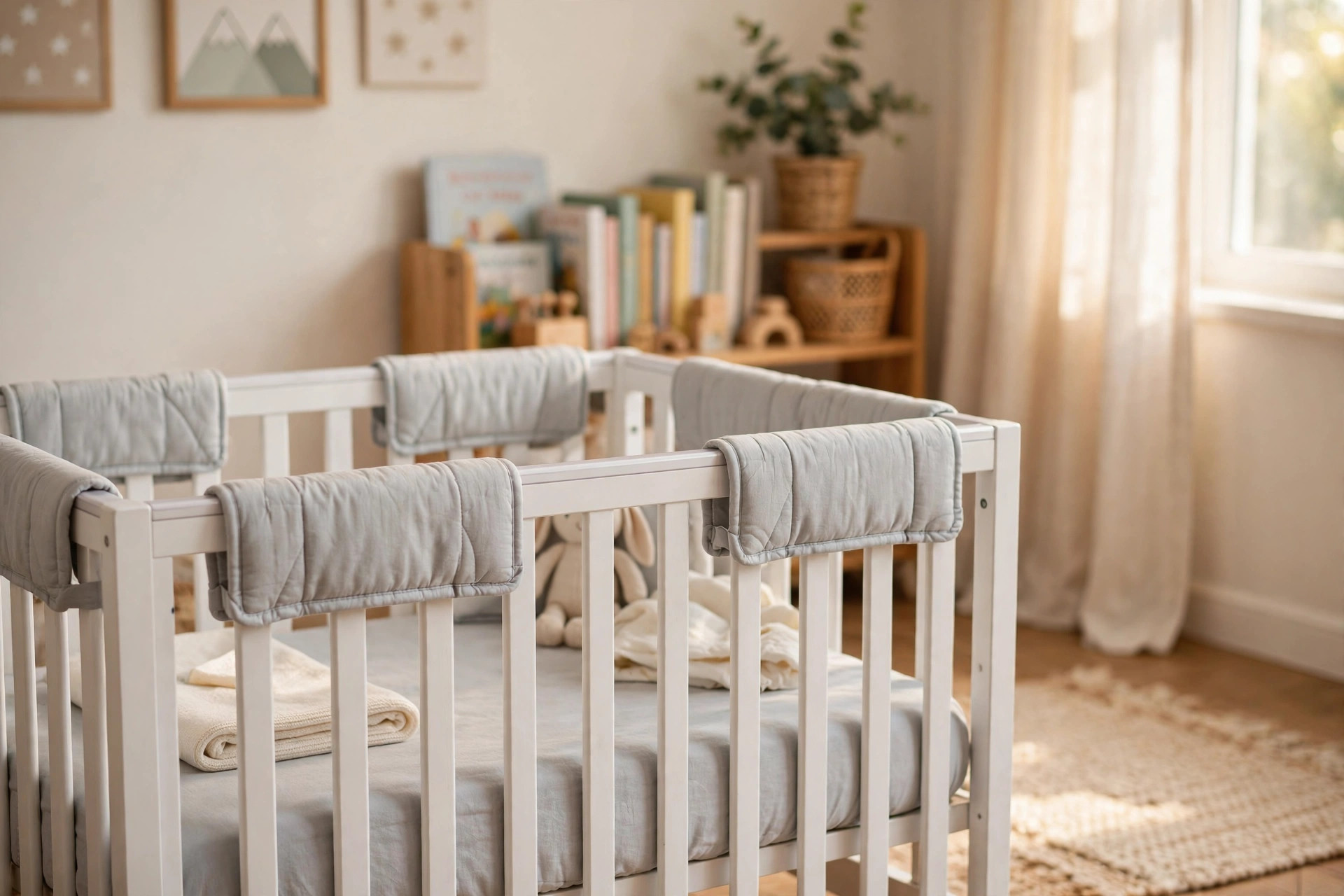 Crib rail teething guard cover for safety fitted on a wooden nursery crib