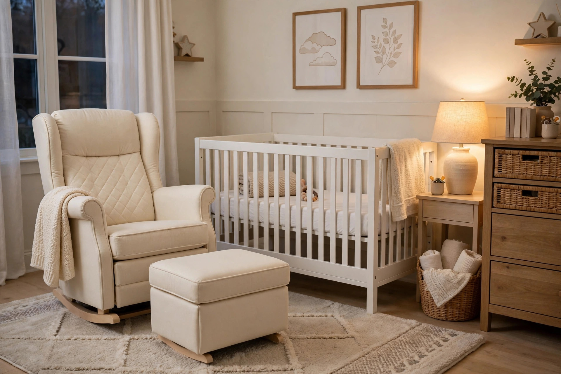 nursery ottoman matching glider for nursing: Nursery glider chair with matching ottoman beside a crib in a softly lit American nursery