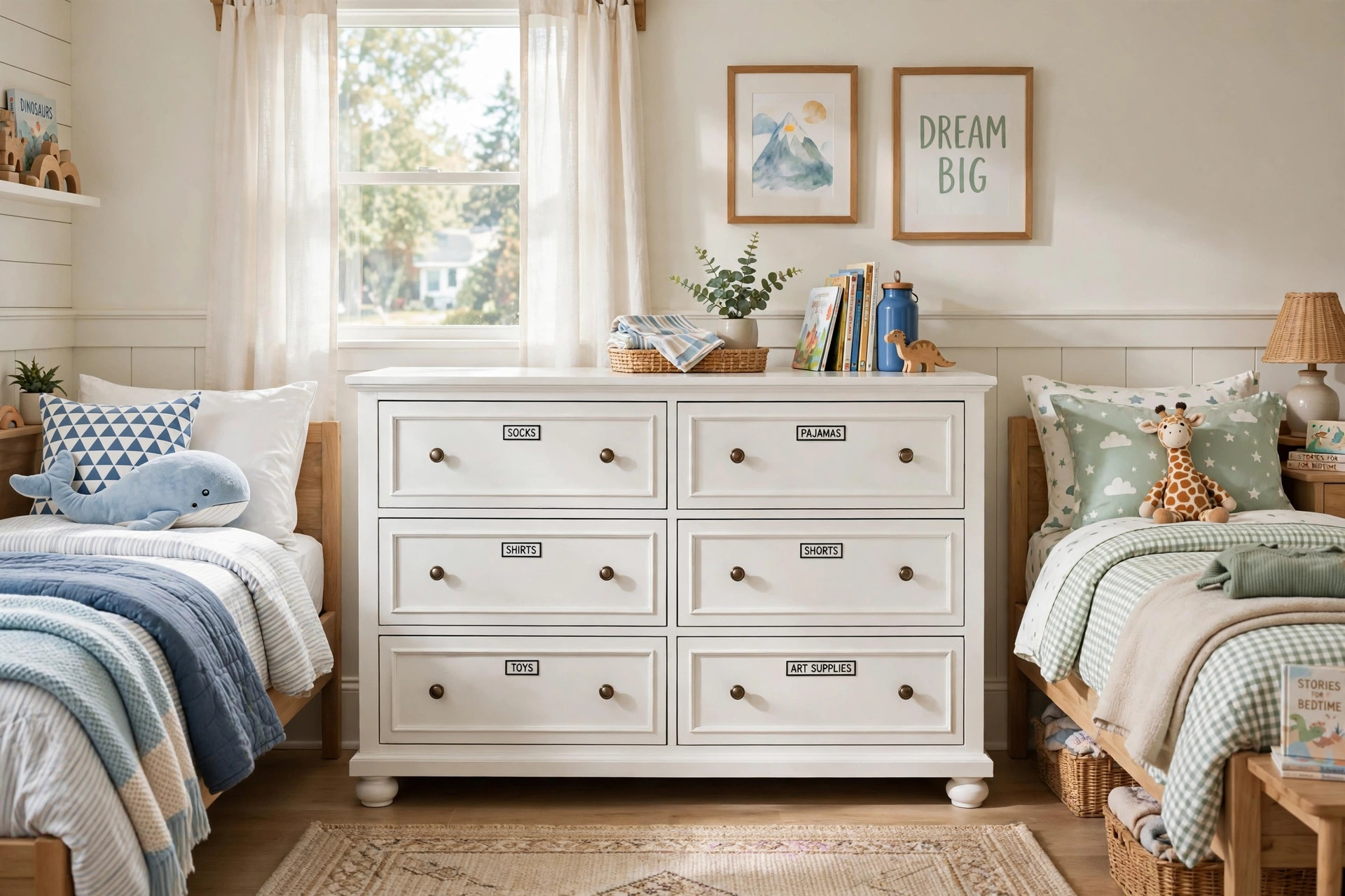 The best kids dresser for shared sibling room storage in a tidy children's bedroom