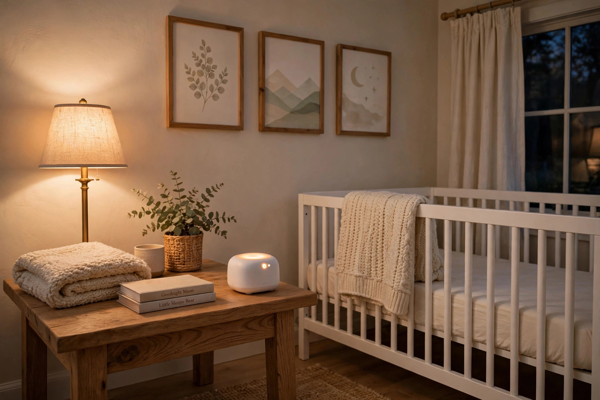 Nursery sound machine for baby sleep aid on a crib-side table