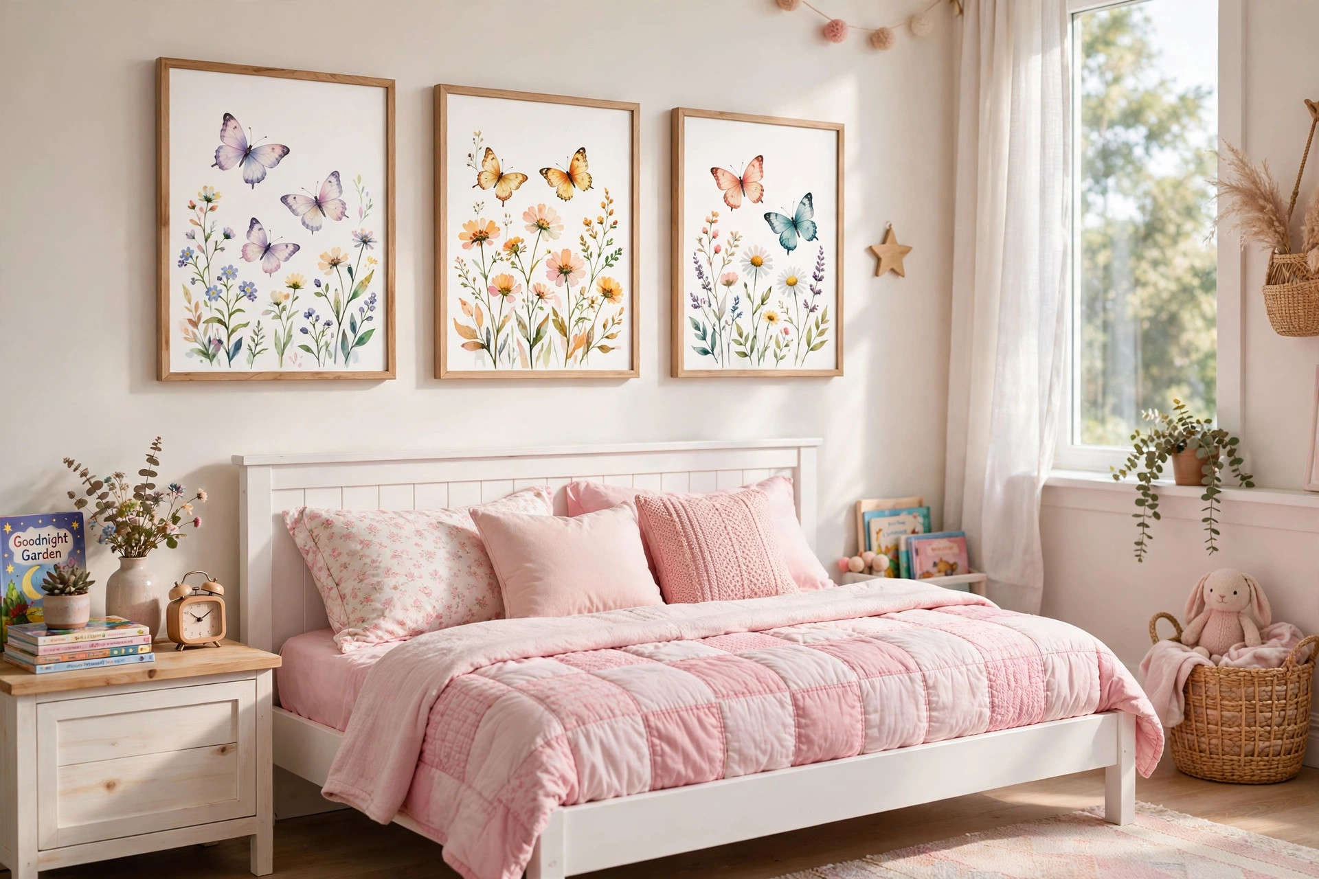 kids wall art canvas prints for girls room: Colorful canvas prints hanging above a white bed in a girl's bedroom