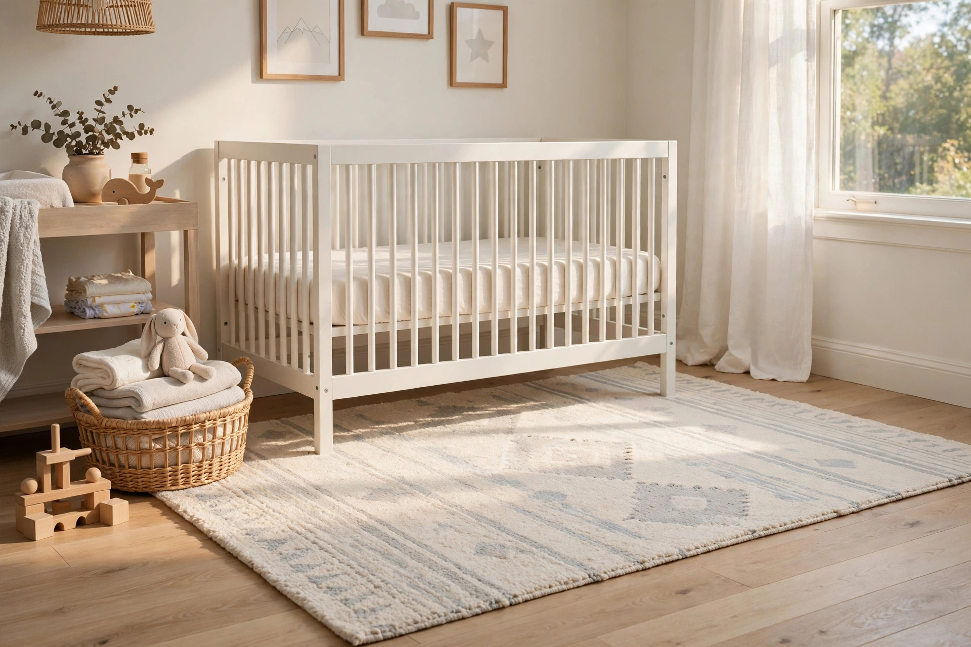 best nursery rug washable for easy cleaning: A washable nursery rug in a bright baby room