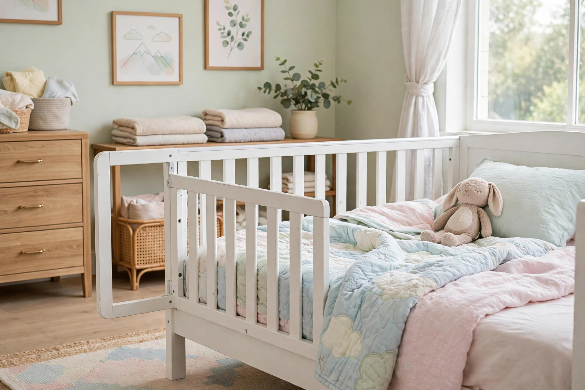 Toddler bed rail for convertible crib safety installed on a wooden crib in a nursery