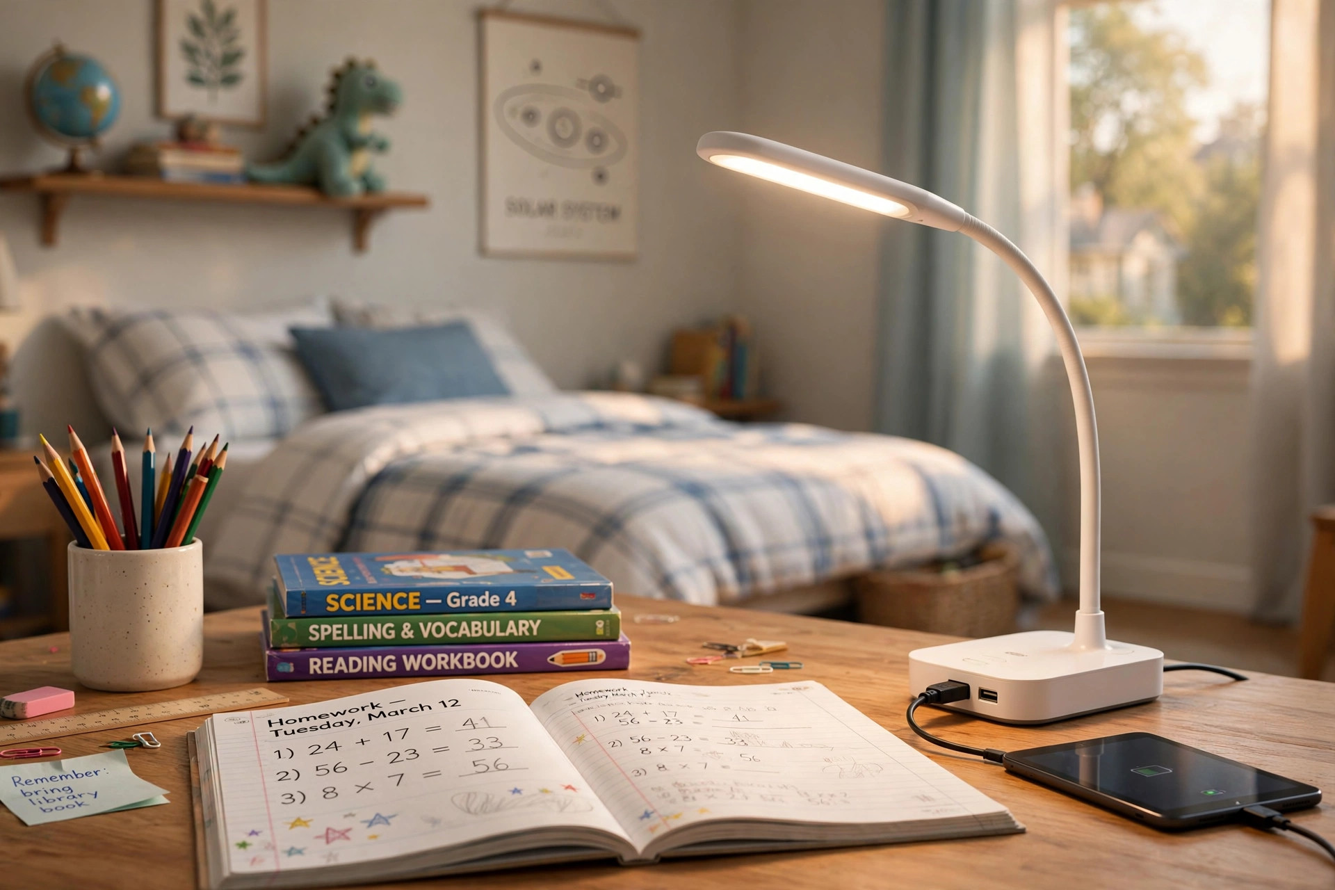 Kids desk lamp with USB port for homework on a child's study desk