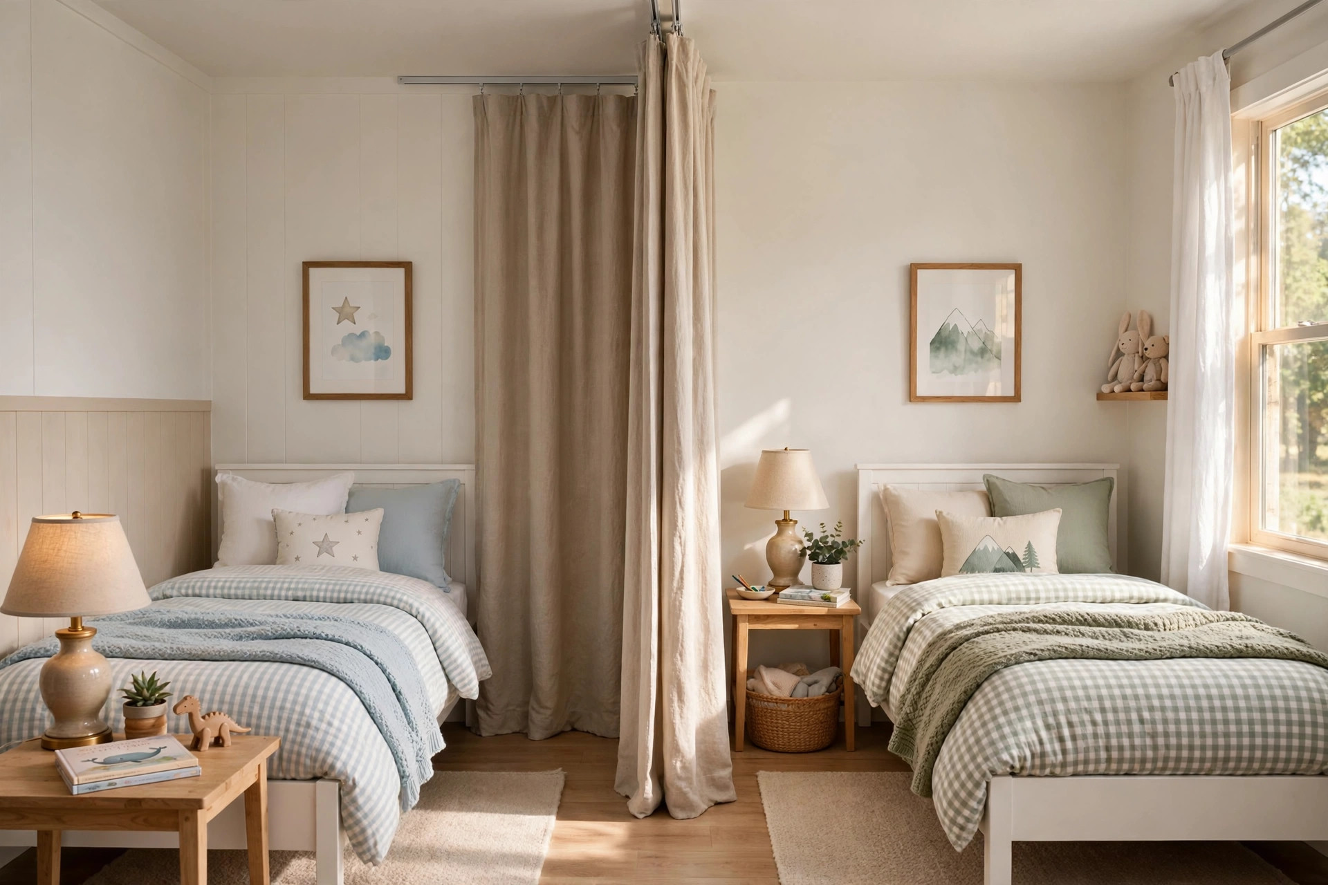 A kids room divider curtain for shared bedroom hanging between two twin beds, giving each side its own space