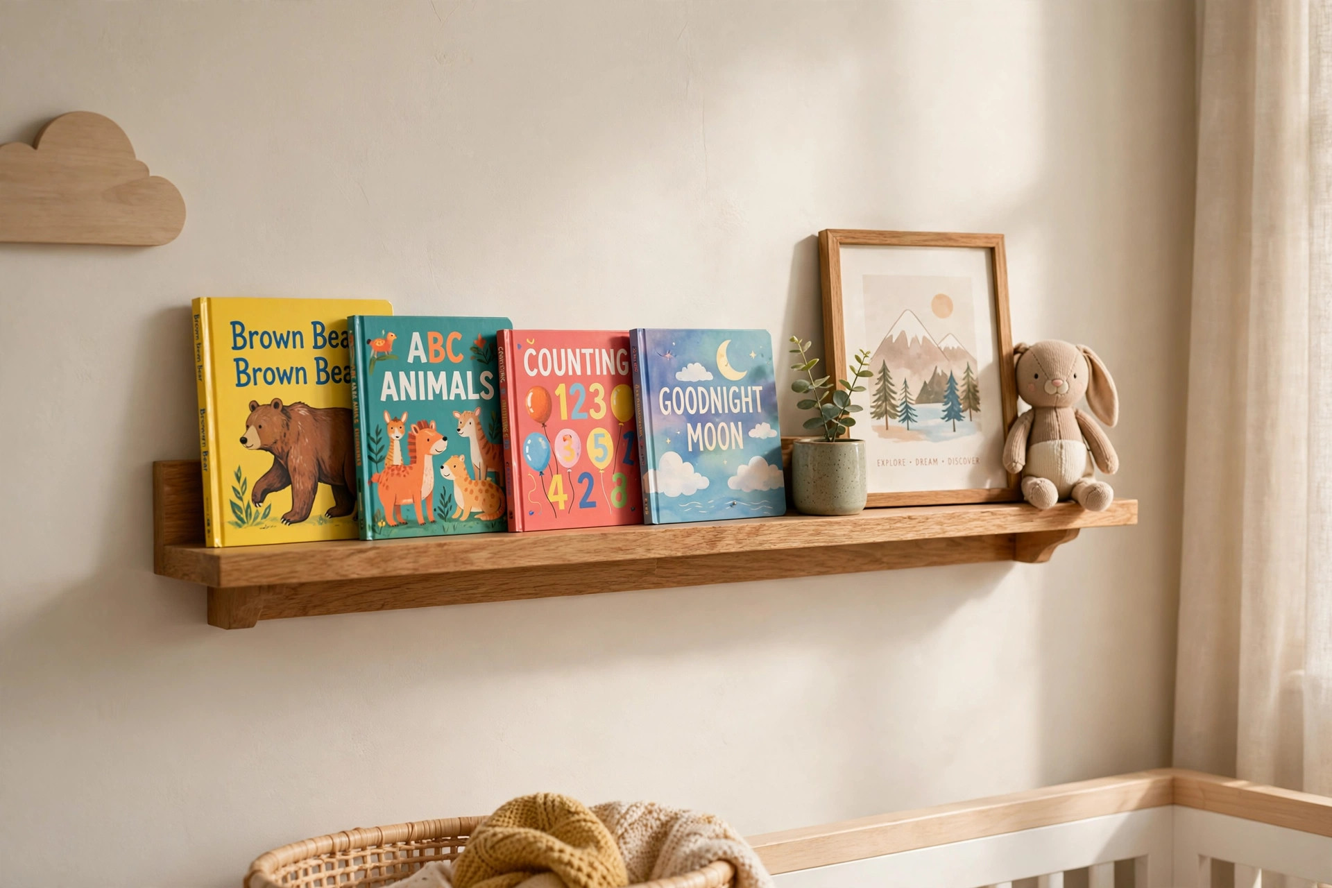 A nursery wall shelf for books and decor holding small books and decor
