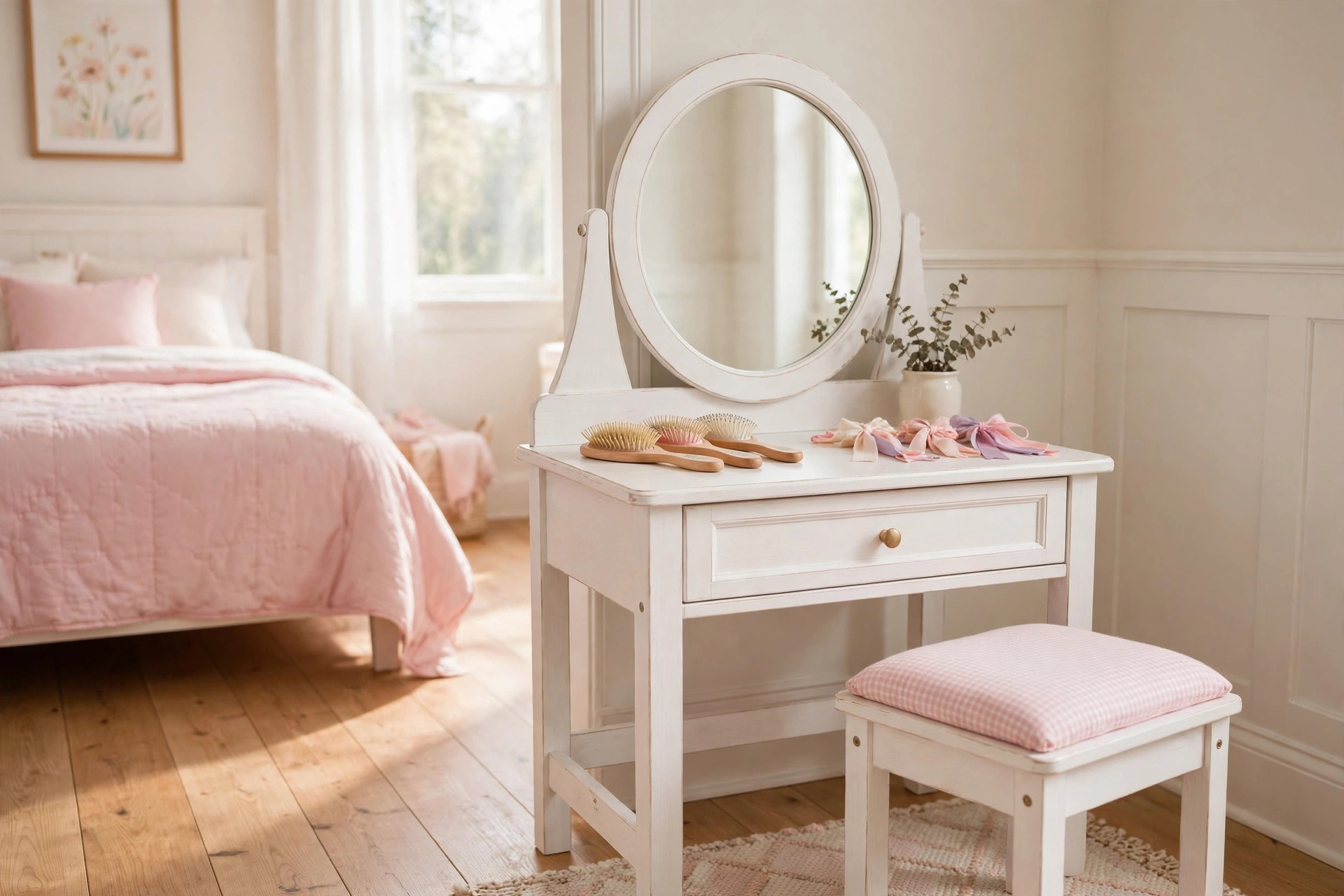 kids vanity set with mirror for girls room: White kids vanity set with mirror in a bright girls bedroom