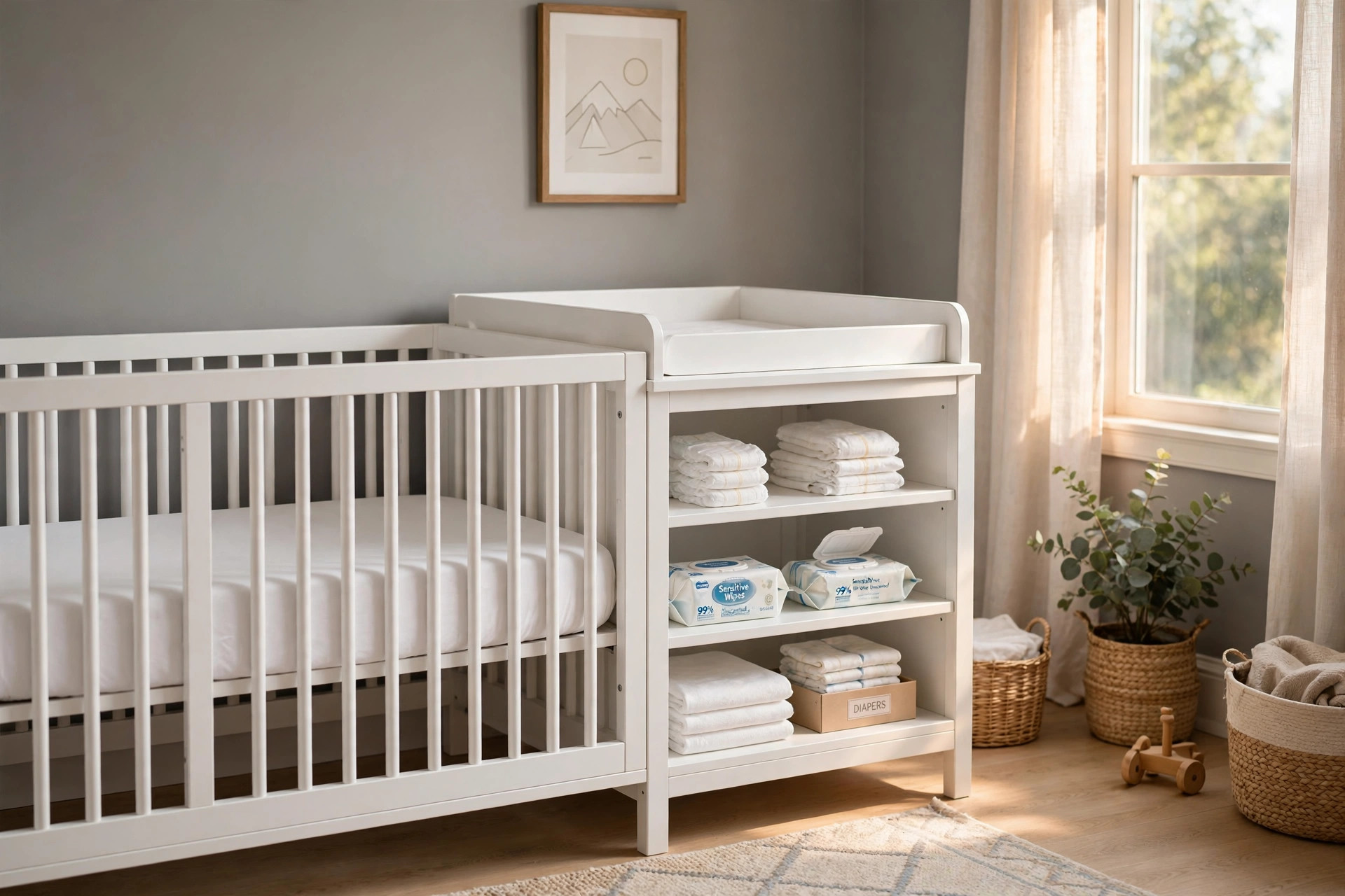 A nursery crib with changing table attached in a bright American nursery