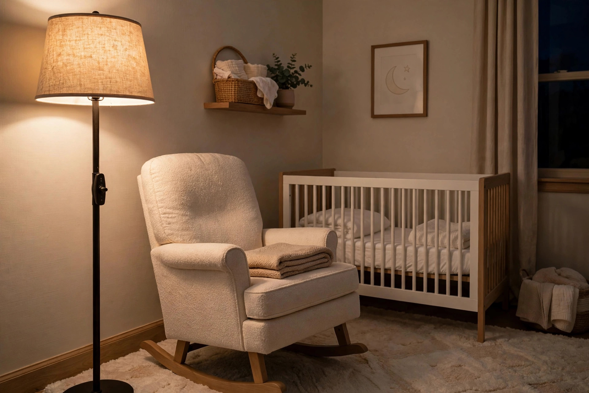 A nursery floor lamp with dimmer for nursing beside a rocking chair