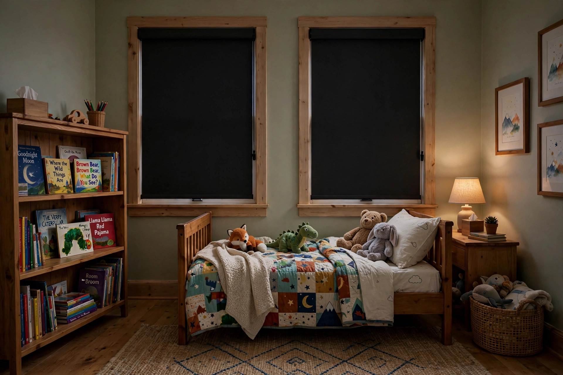 Kids bedroom blackout shades for better sleep installed in a child's room