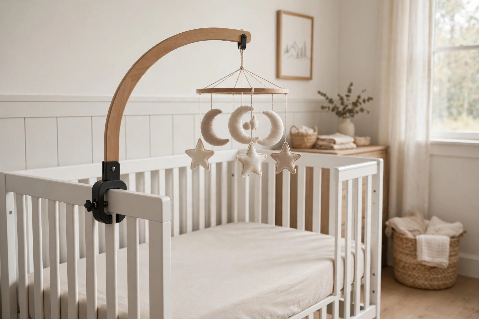A crib mobile arm for attaching to crib rail in a calm nursery