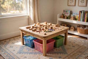 A Toddler Table with Storage Bins Underneath Brings Order to Playtime