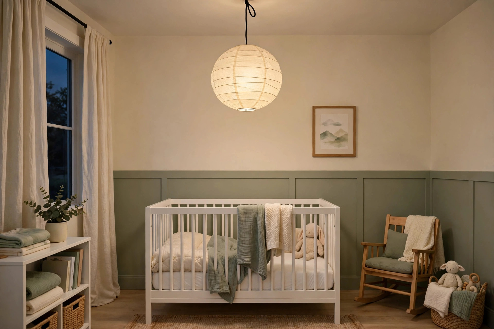 Nursery pendant light for ceiling decor hanging above a softly lit nursery