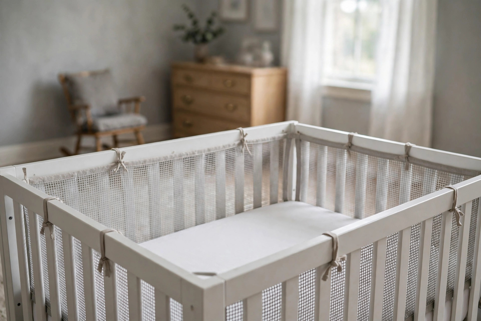 A crib bumper alternative breathable mesh liner installed on a white crib in a nursery