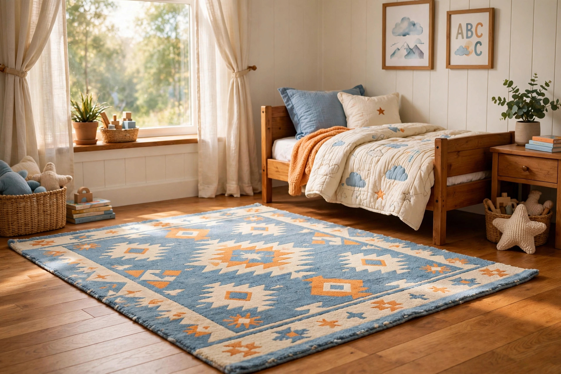 A colorful kids room area rug for hardwood floors in a bright American child's bedroom