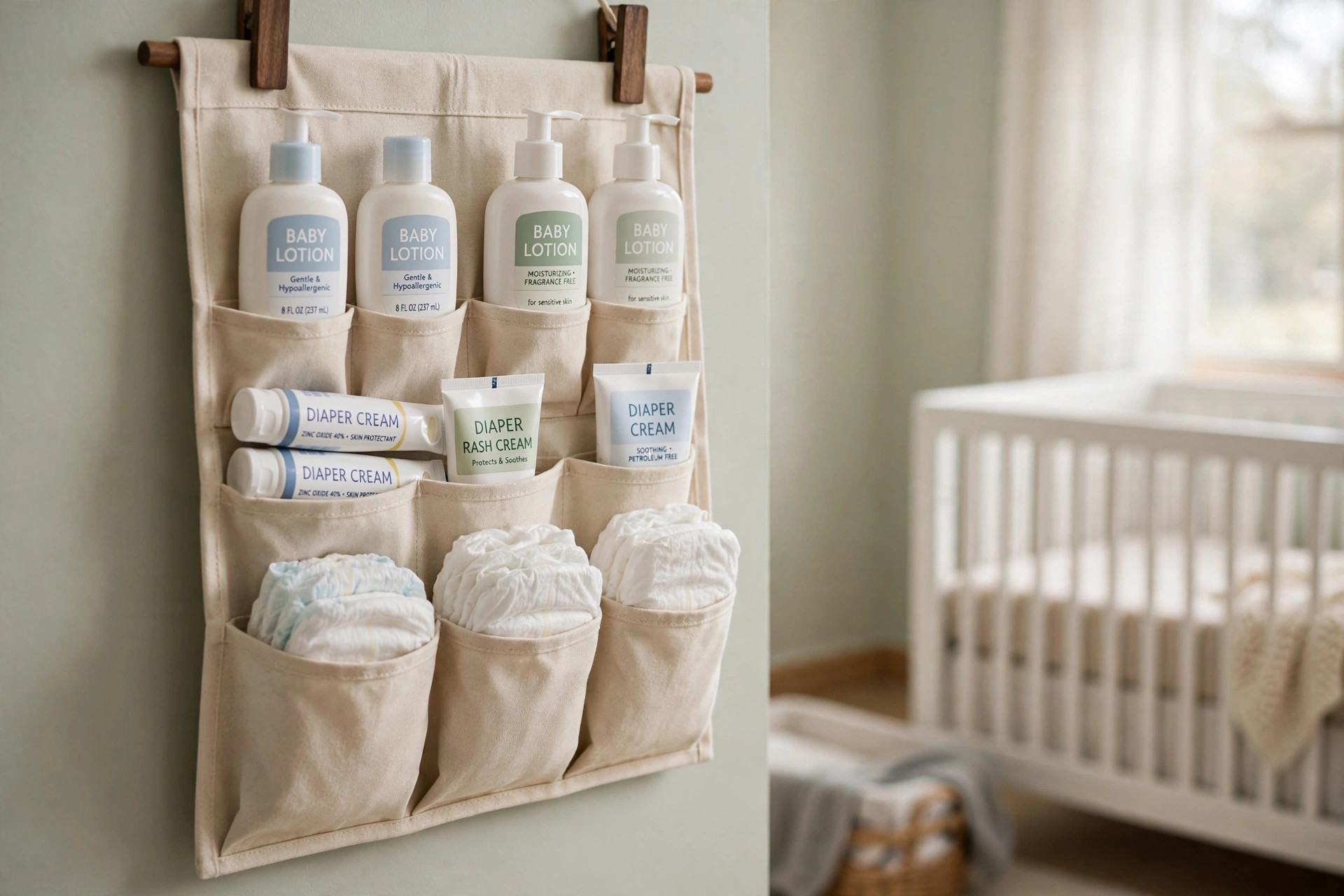 nursery wall organizer for diapers and lotion: Fabric nursery wall organizer with pockets holding diapers and baby lotion bottles