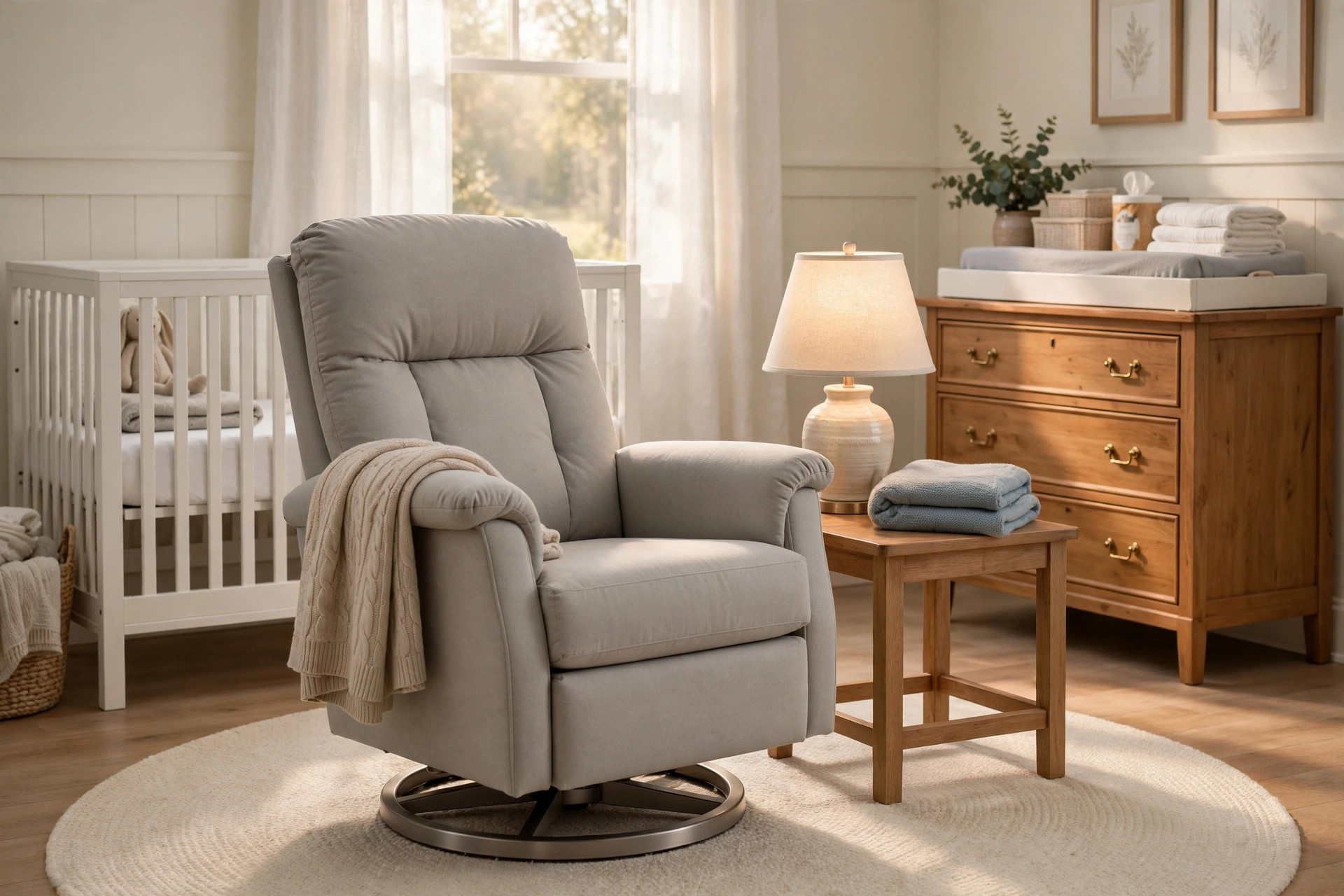 Nursery glider swivel for easy movement in a softly lit nursery
