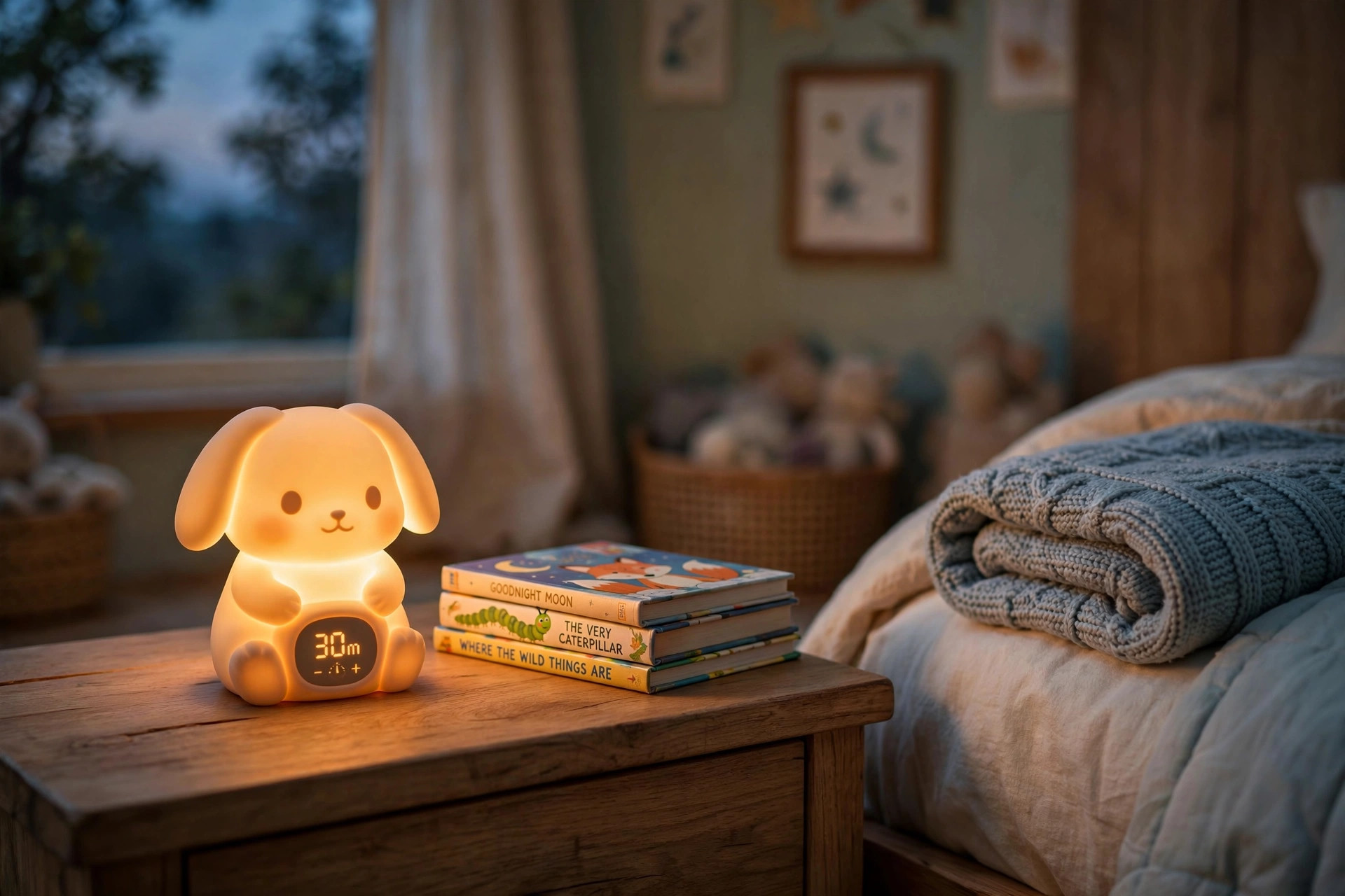 kids night light with timer for bedtime routine: A kids night light with timer glowing softly on a bedside table in a child's bedroom