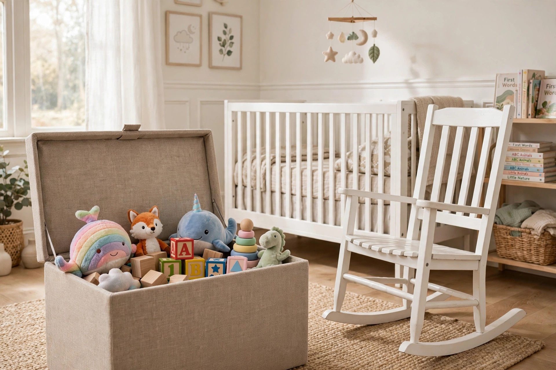 best nursery storage ottoman for toys: Storage ottoman holding toys in a bright nursery room