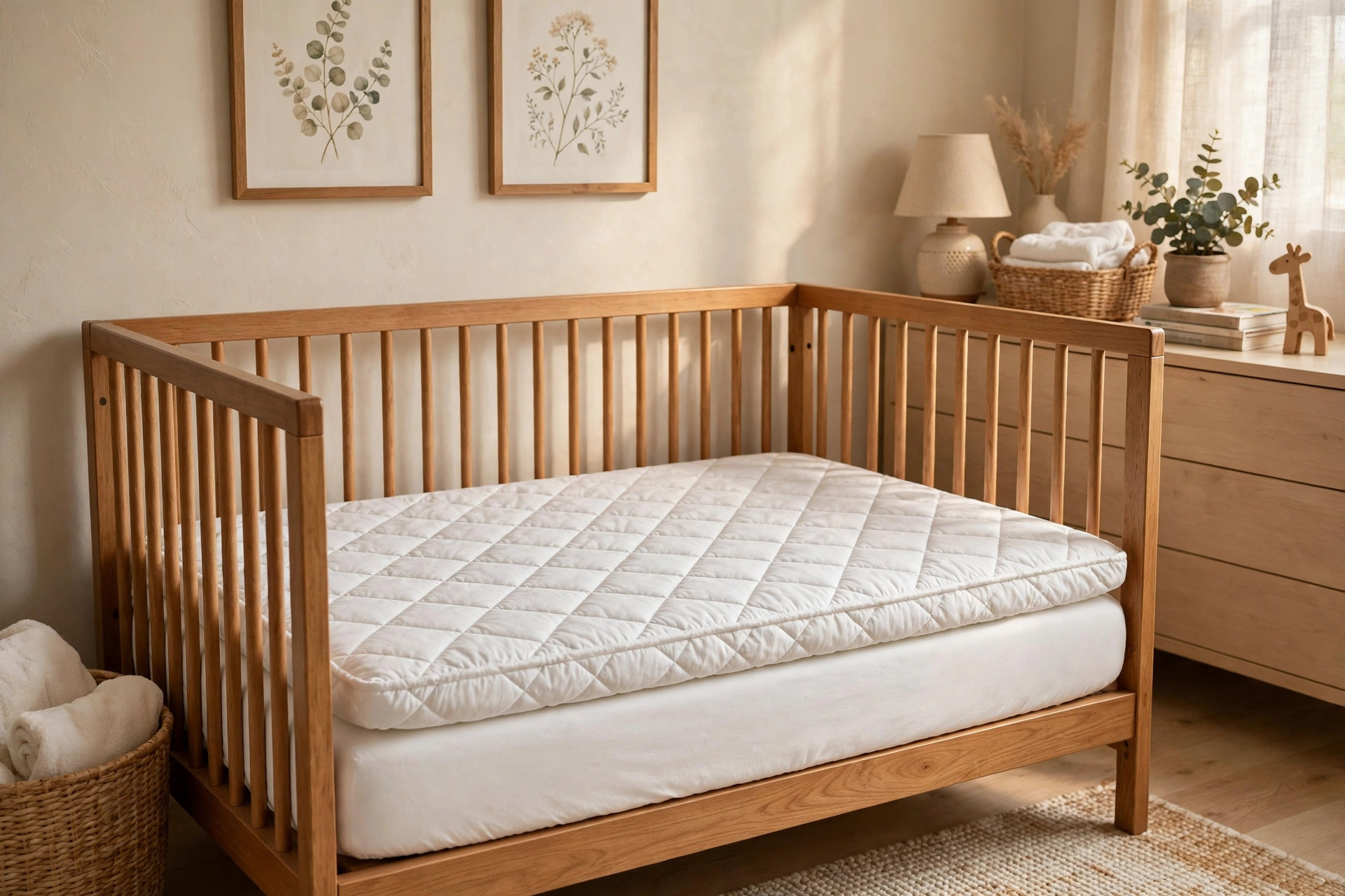 Crib mattress topper for extra comfort support on a white crib mattress in a nursery