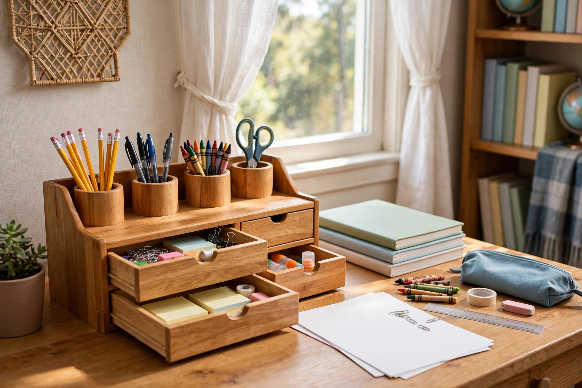 Kids desk organizer for school supplies storage on a tidy child study desk
