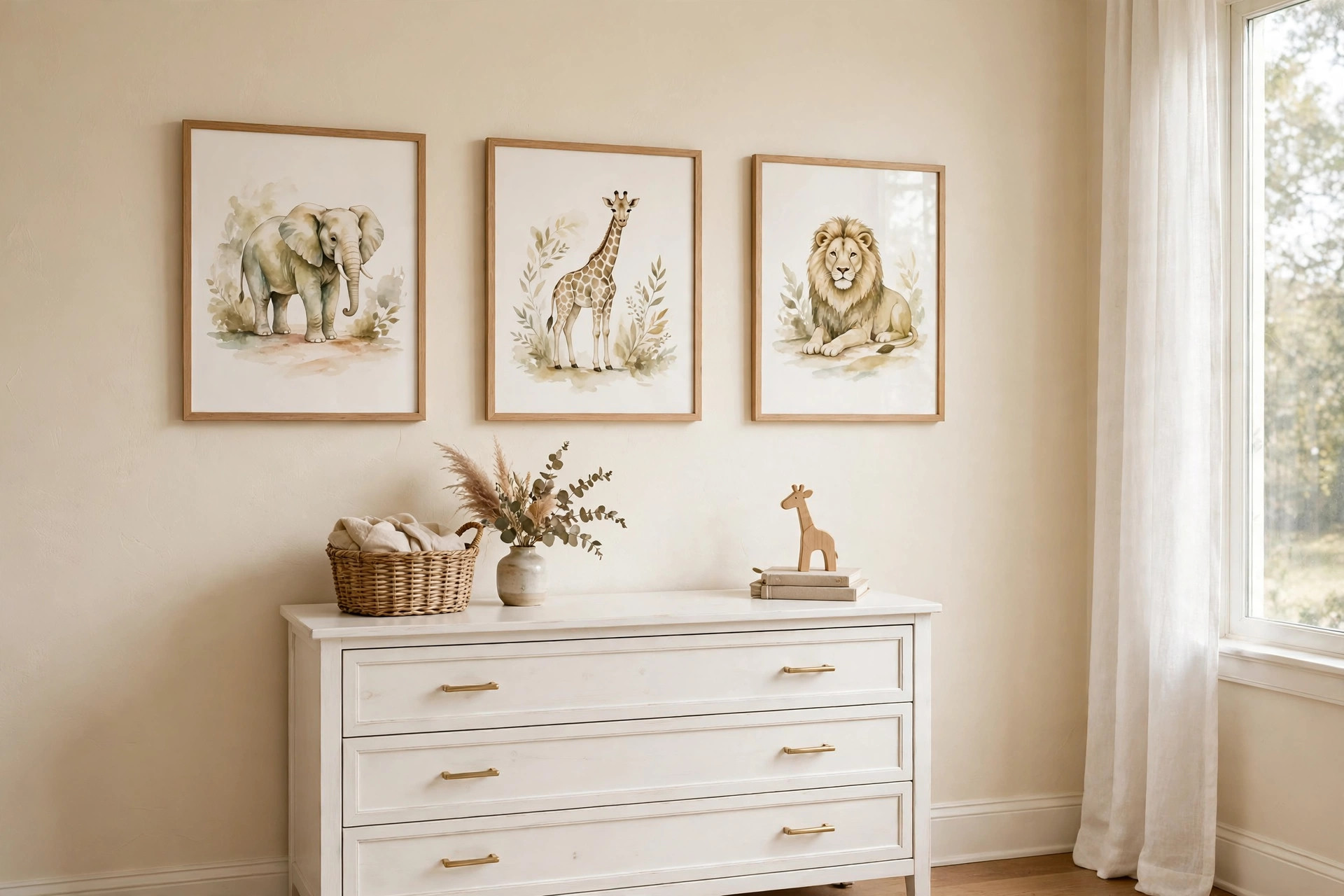 Nursery wall art safari animals for gender neutral room with framed prints