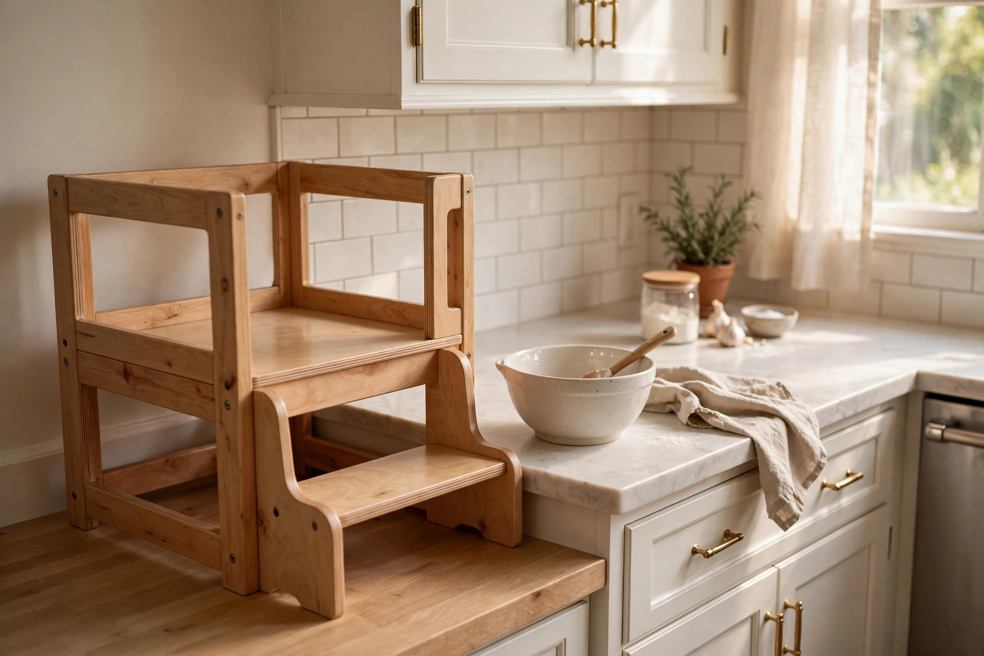 best toddler tower for kitchen helping stool: Toddler learning tower helping stool beside a kitchen counter
