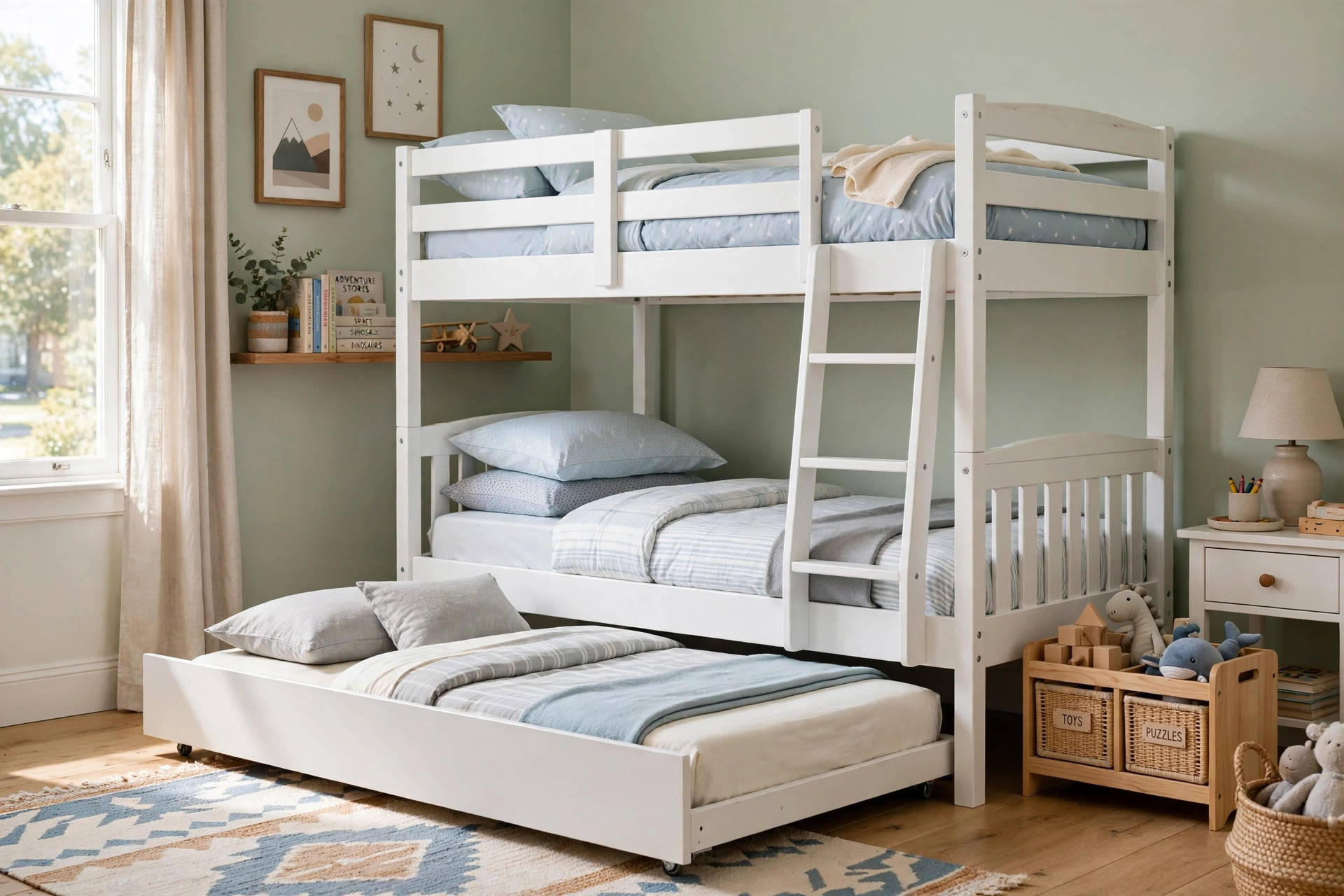 A kids bunk bed with trundle for sleepovers in a bright children's bedroom