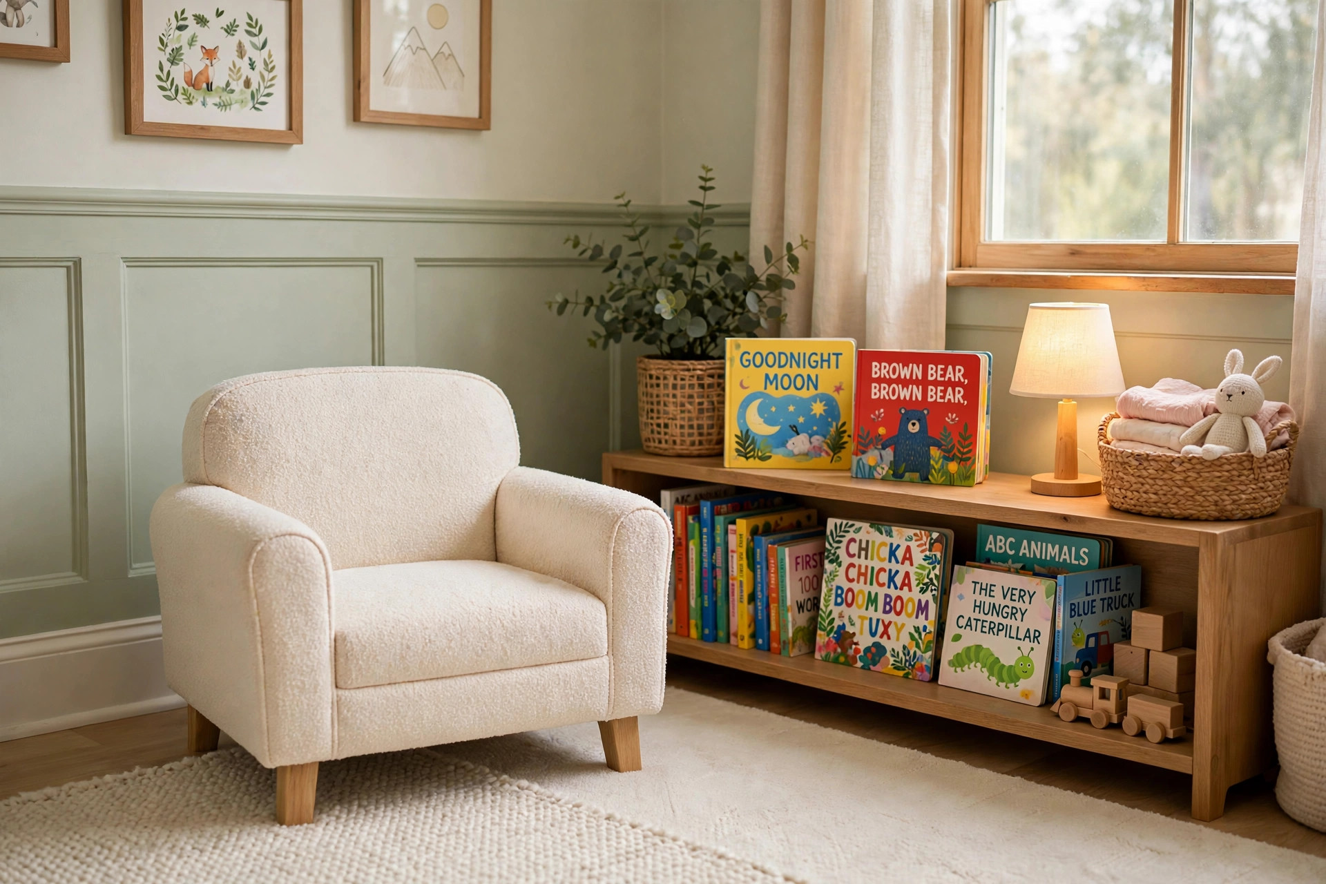 Toddler armchair for reading corner kids in a cozy nursery book nook