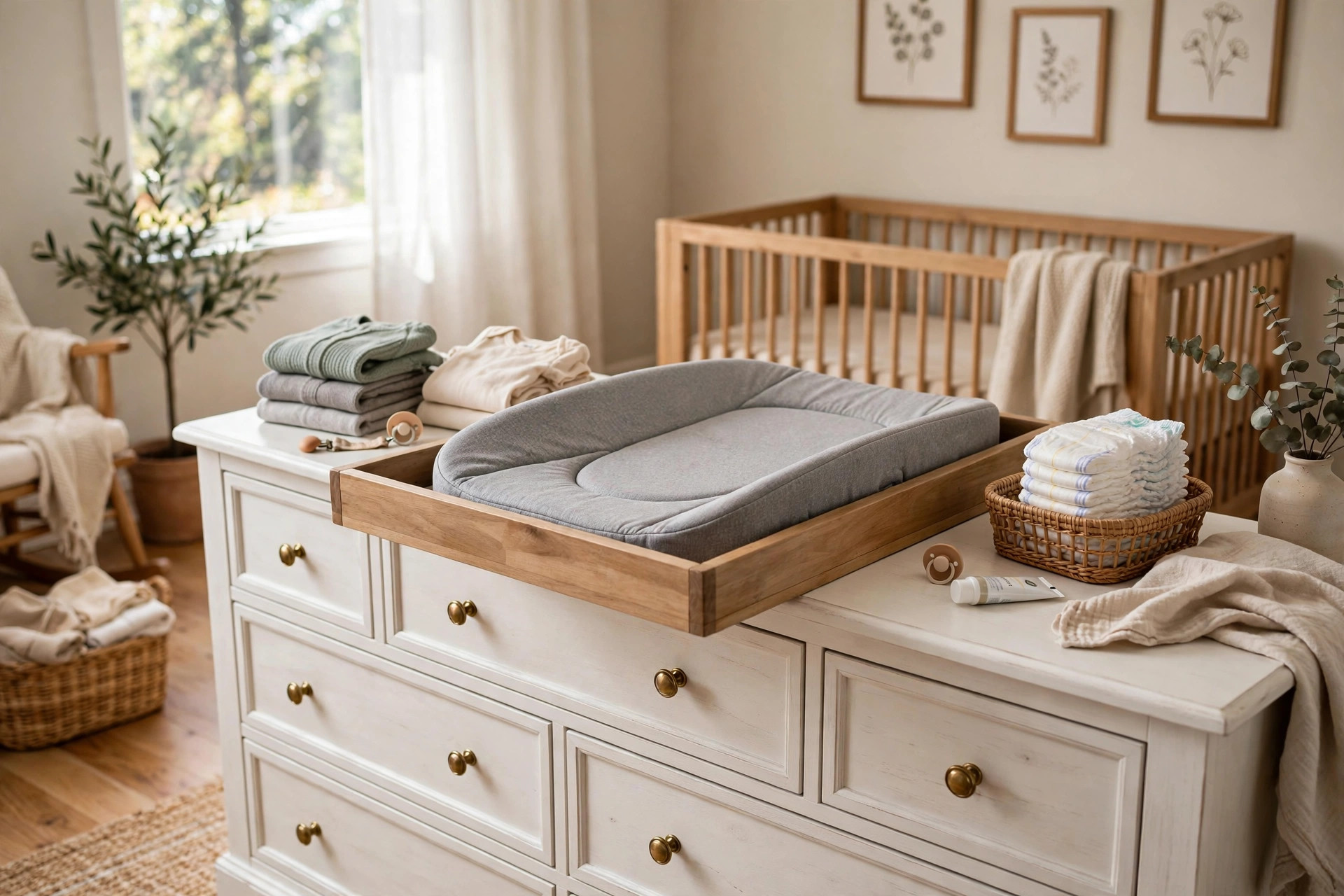 A nursery dresser with removable changing tray in a bright American nursery