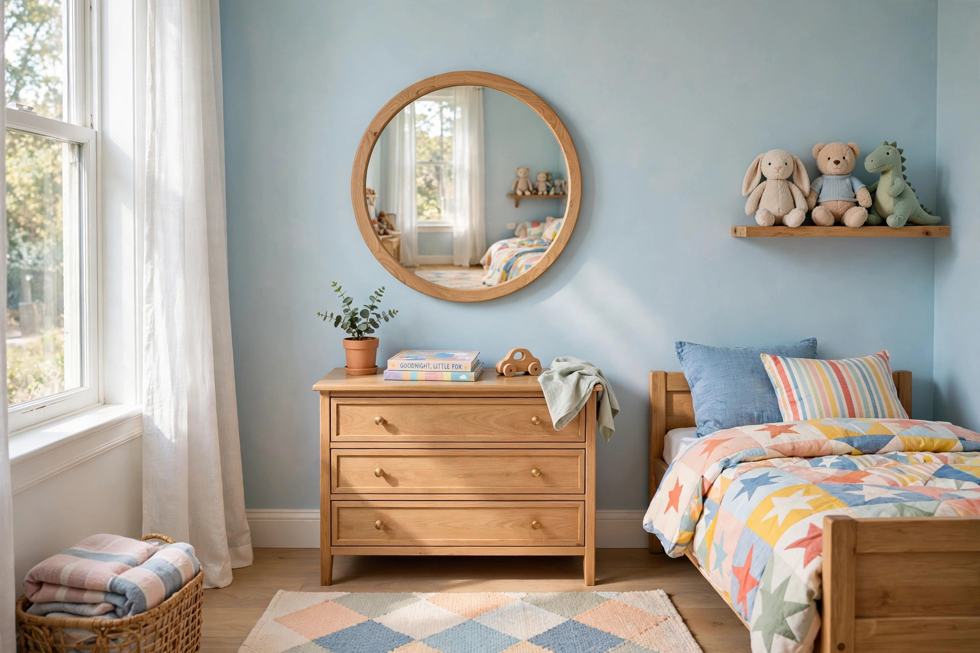A safe kids wall mirror for bedroom decor safety in a bright child's bedroom
