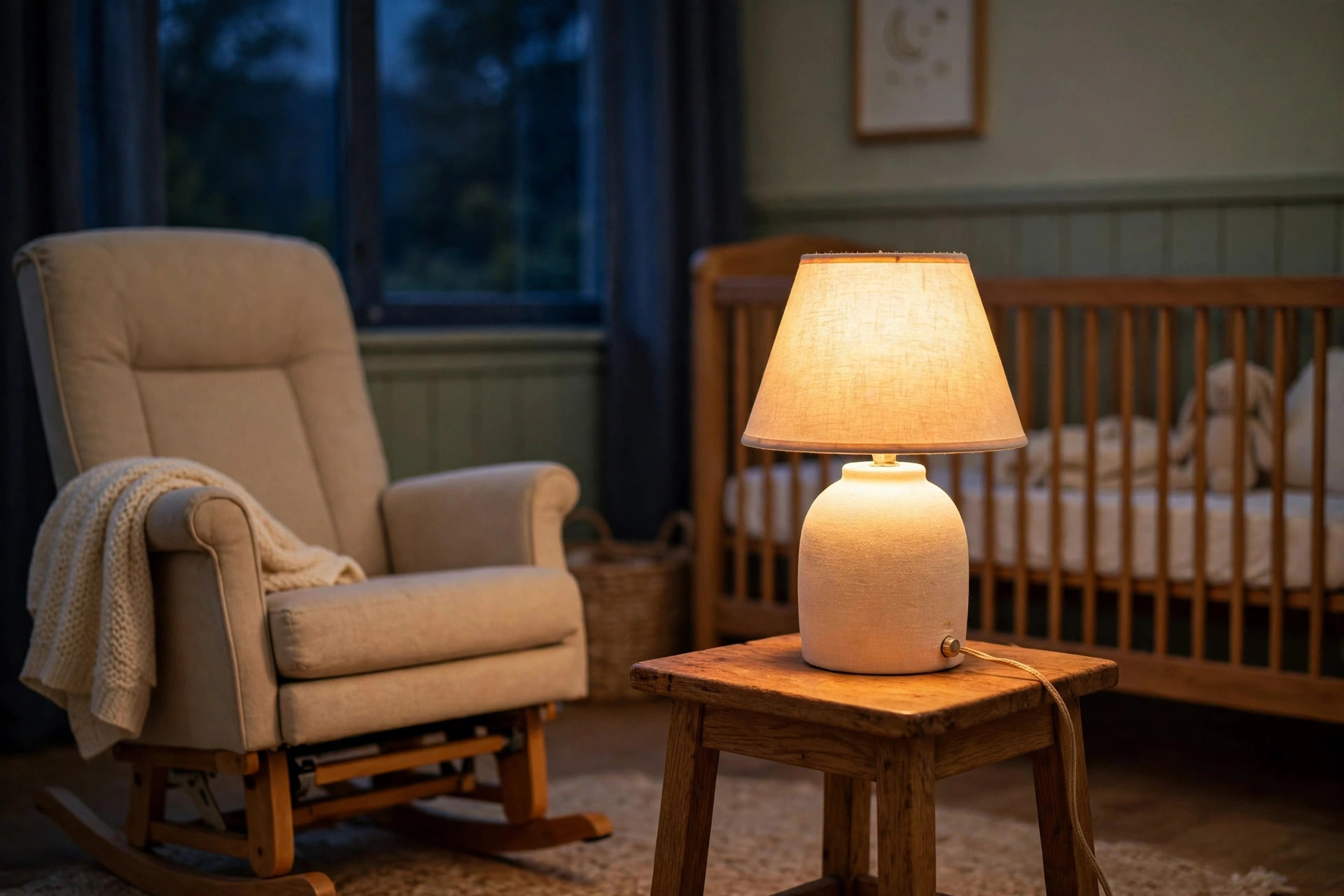 best nursery lamp for breastfeeding at night: Nursery lamp glowing softly on a side table during a night feed