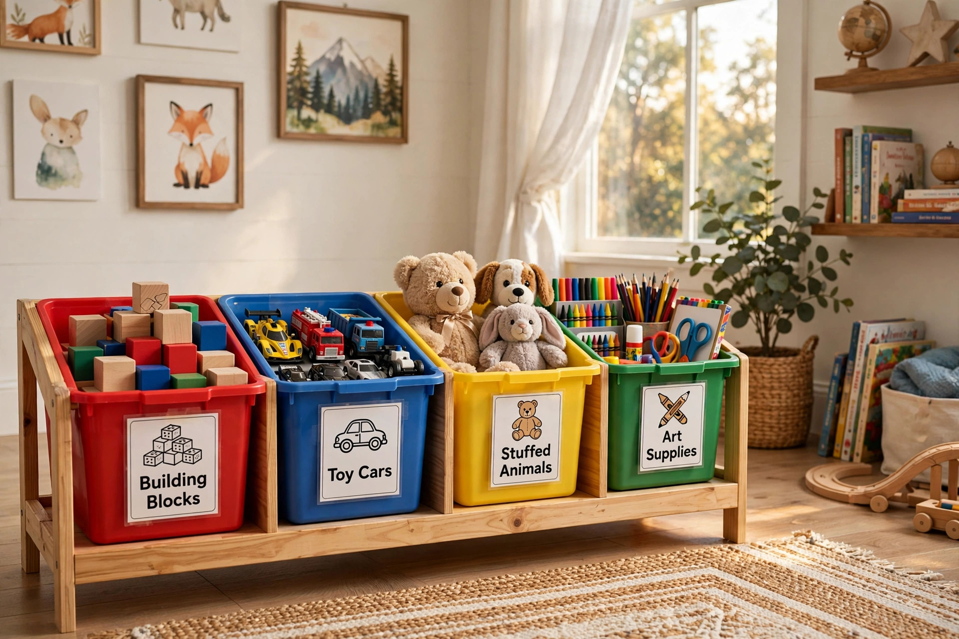 kids toy organizer with labeled bins