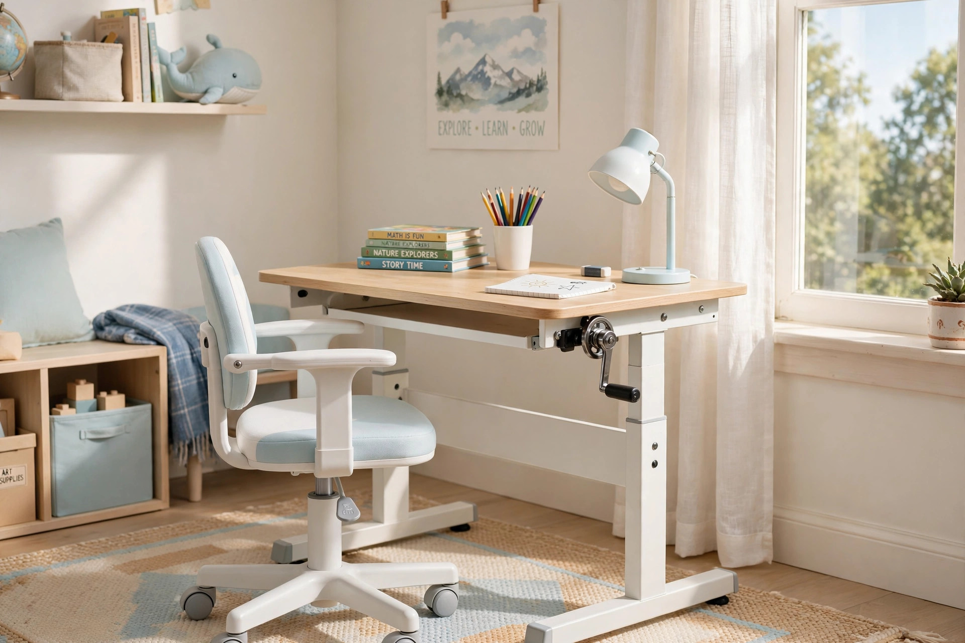 A kids study desk with chair set adjustable in a bright bedroom