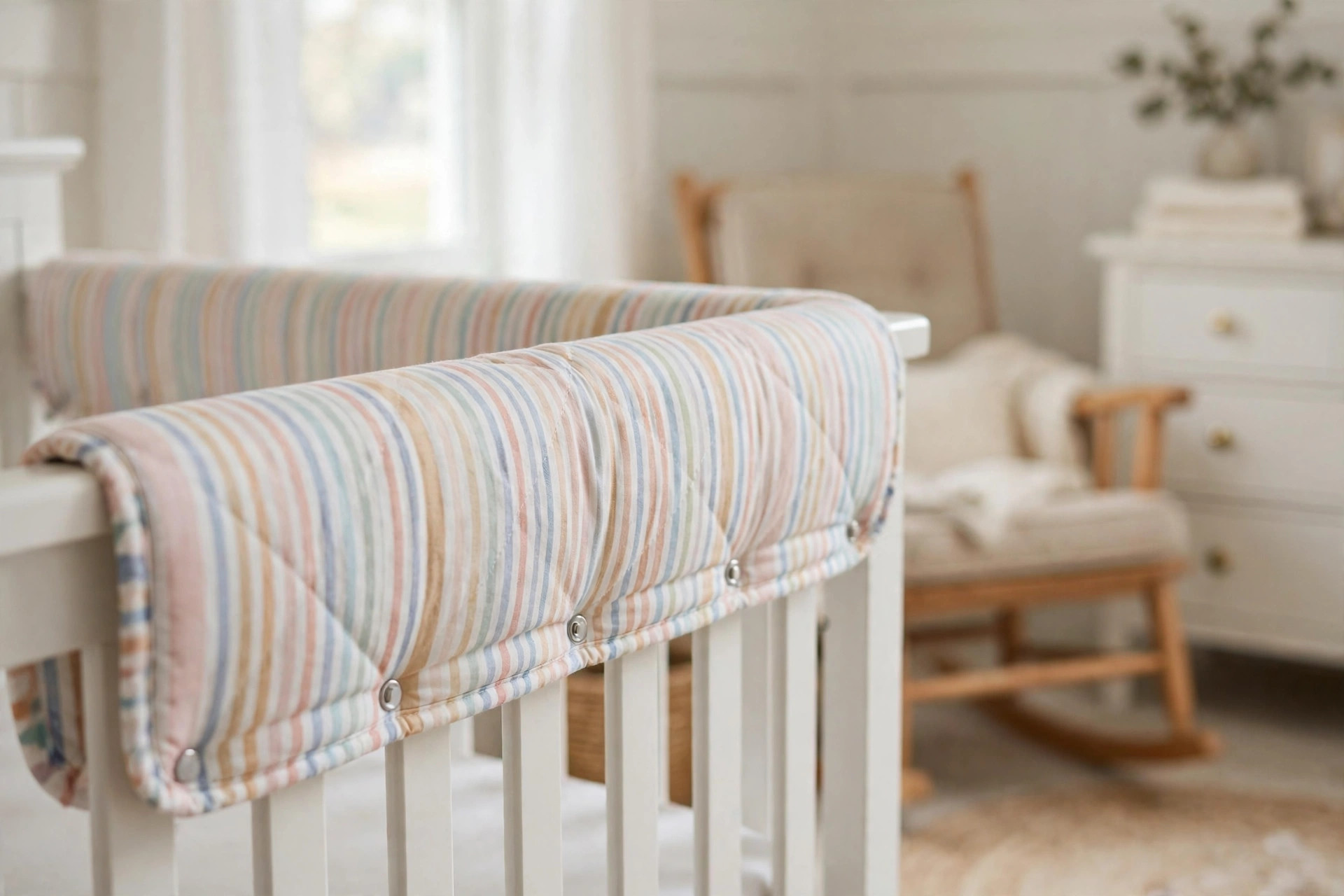 crib rail cover for teething protection padded: Padded crib rail cover for teething protection fitted on a white wooden crib