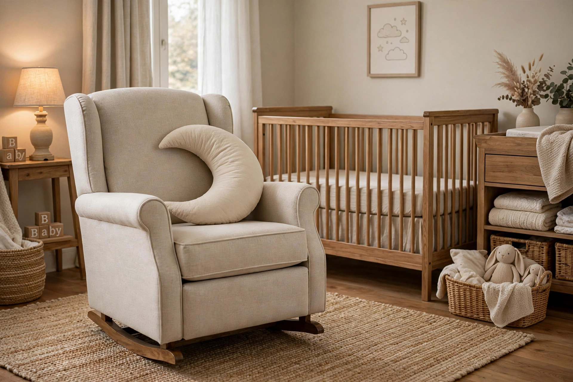 Nursery glider with nursing pillow set in a calm baby room