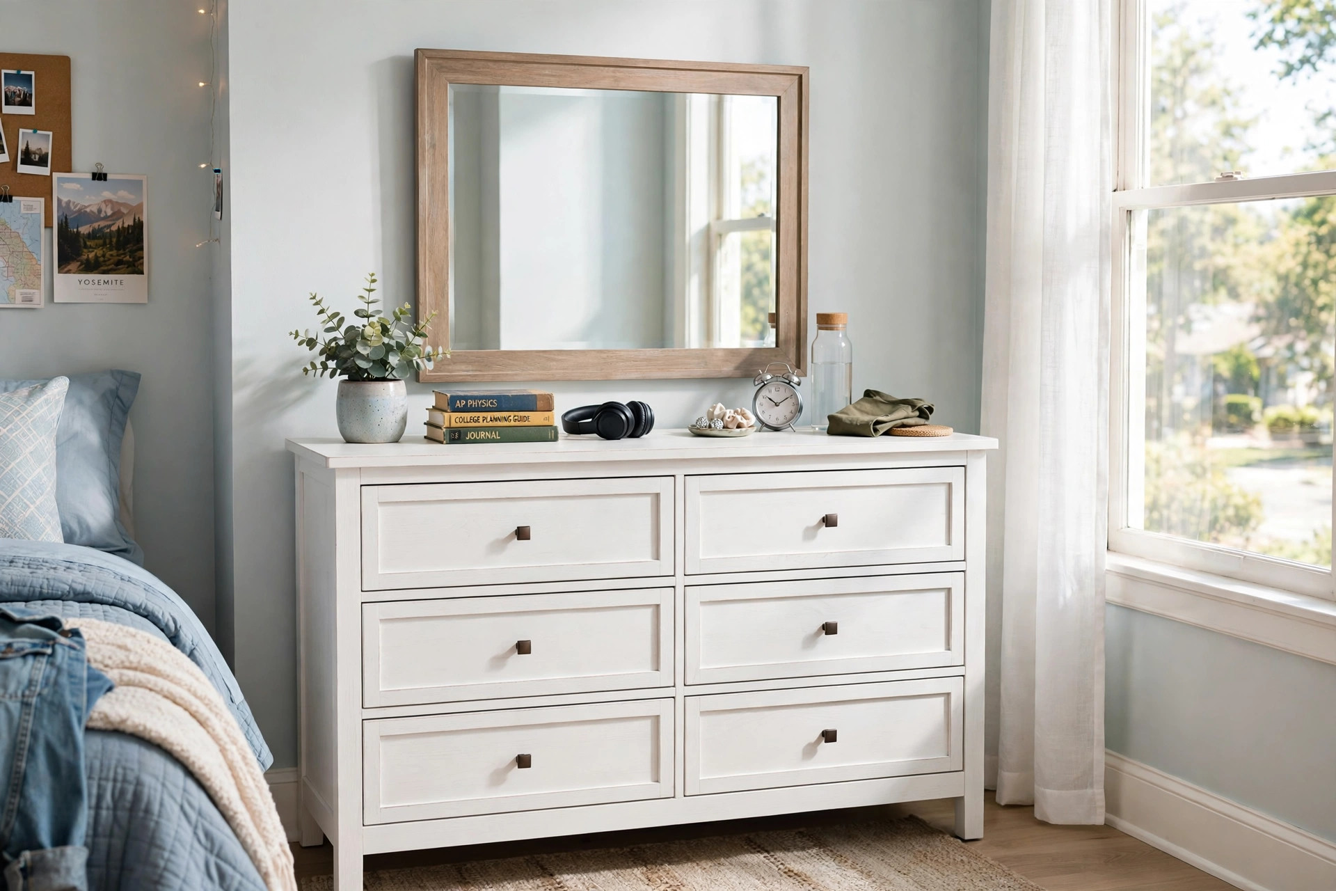 best kids dresser with mirror for teens: A wooden dresser with an attached mirror in a tidy teen bedroom